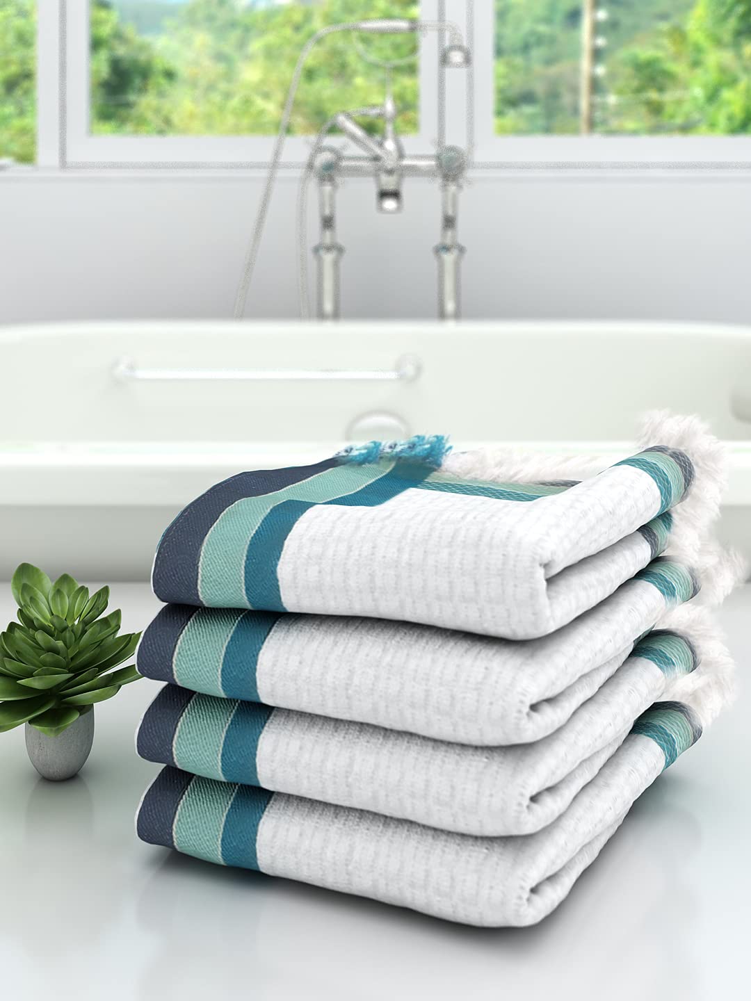 Athom Trendz Cotton Lightweight Quick-Dry & High Absorbant Bath Towel, Waffle Border White -75x150 cm (Pack of 4)