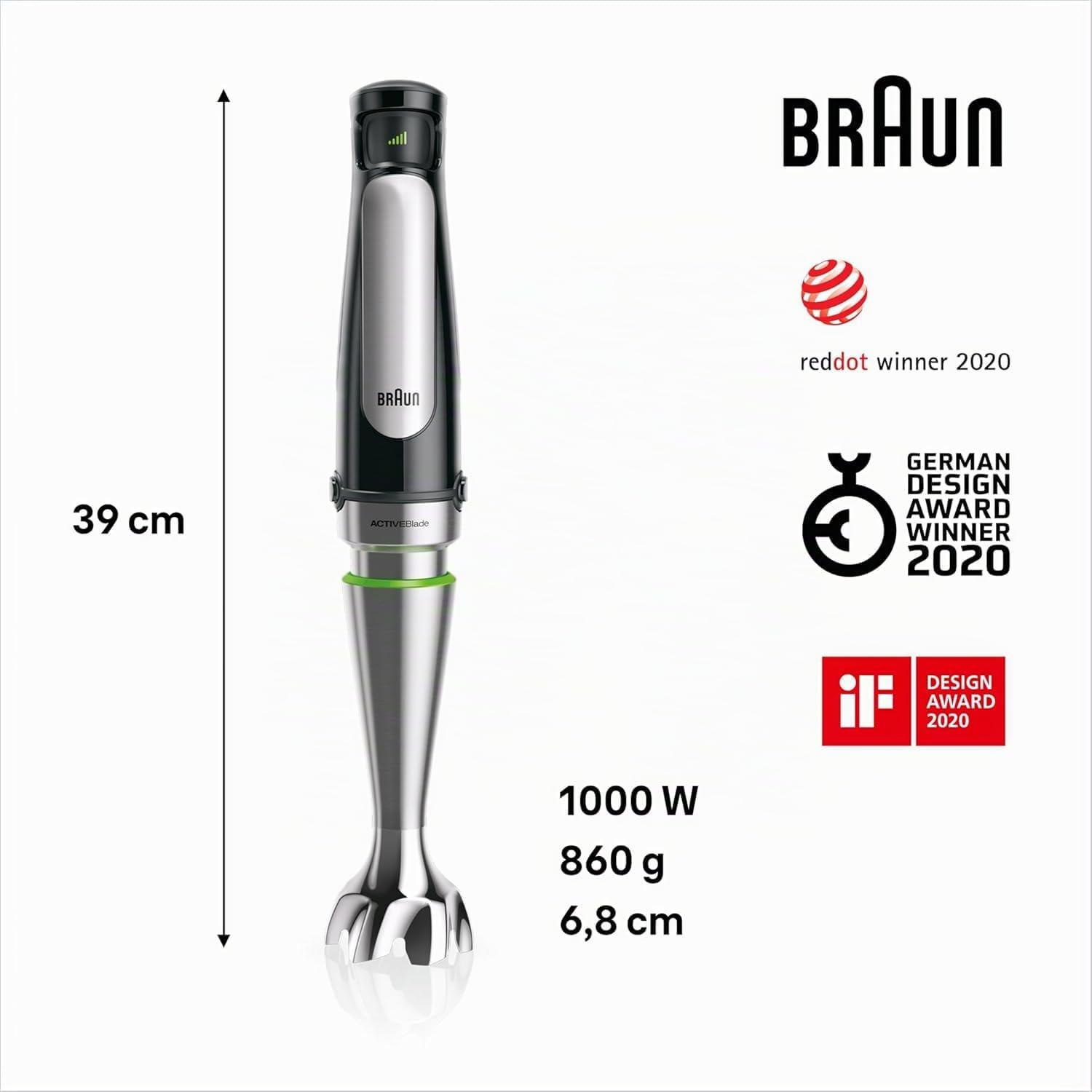 Braun MultiQuick 7 - Mixeur plongeant pour soupes, smoothies et purées bébé, contrôle SmartSpeed, pied en inox anti-éclaboussures, verre doseur, 1000W, Noir (MQ7000X)