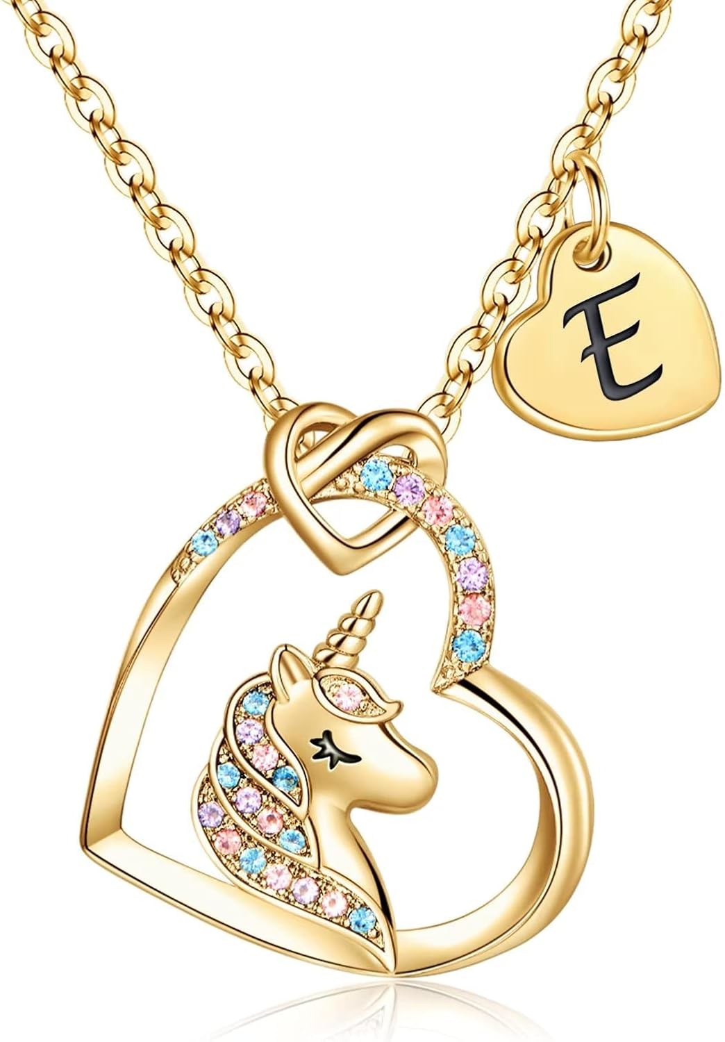 Regalos de unicornios para niñas, chapado en oro de 14 quilates, oro blanco, oro rosa, colgante de corazón de circonita cúbica, collares de