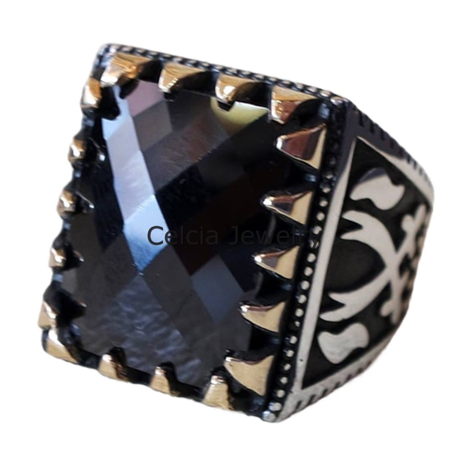 Edelstein-Checker-Ring, Siegelring für Herren, Statement-Ring, Verlobungsgeschenke, silberner Emaille-Ring, bester Februar-Geburtsstein-Ring