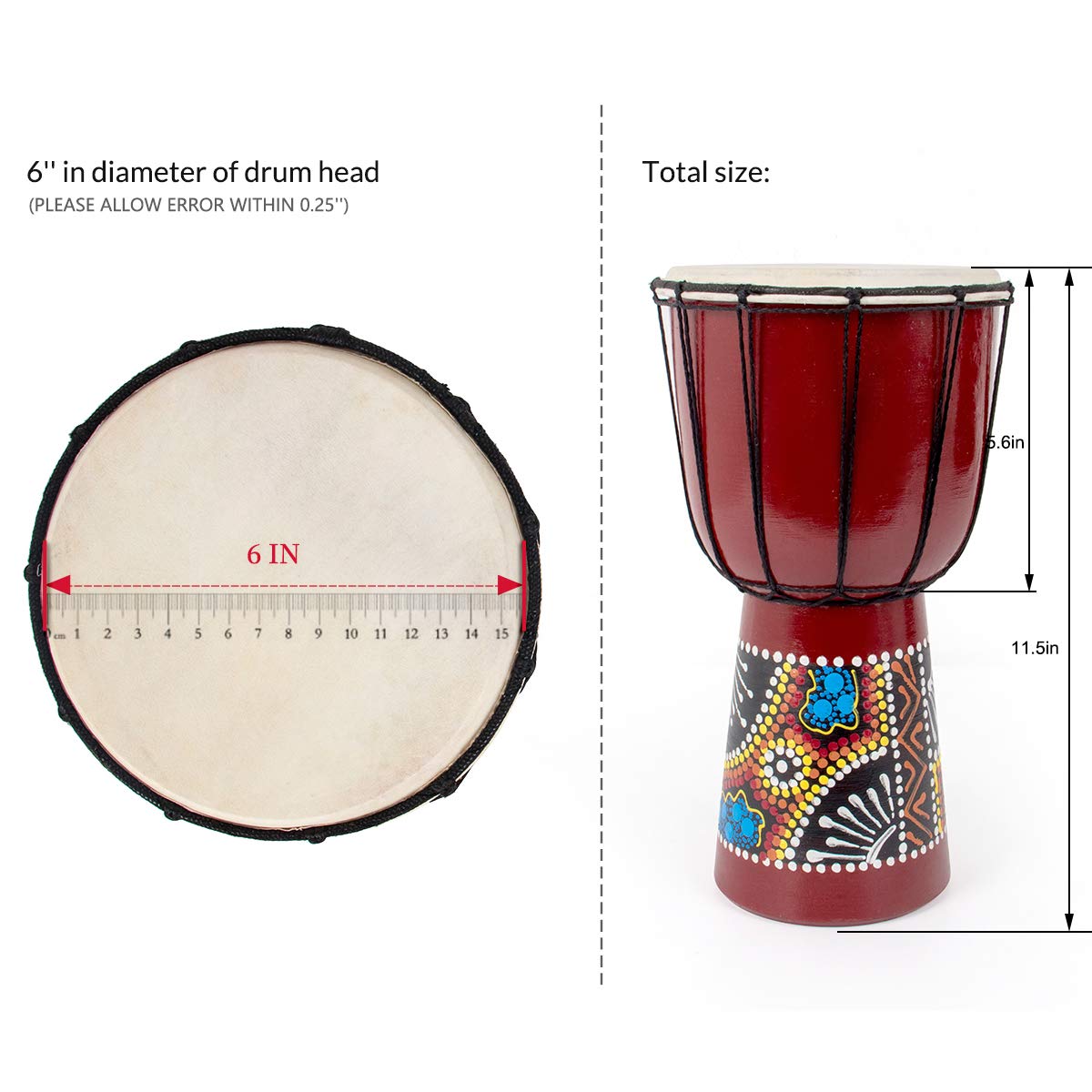 Kmise Djembe African Hand Drum Mahogany Standard Goat Skin Drumhead (6 inch)