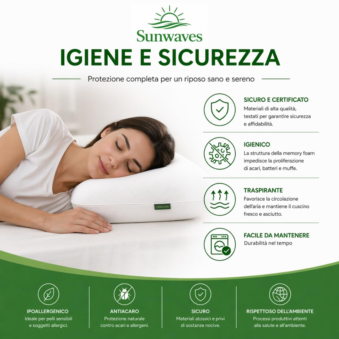 sunwaves 1 Cuscino Memory Foam – Cuscino Cervicale per Dormire 70x40x18 cm, Cuscino per Cervicale Made in Italy, Cuscino Antirussamento, Cuscino Letto in Memory Foam di Prima Scelta