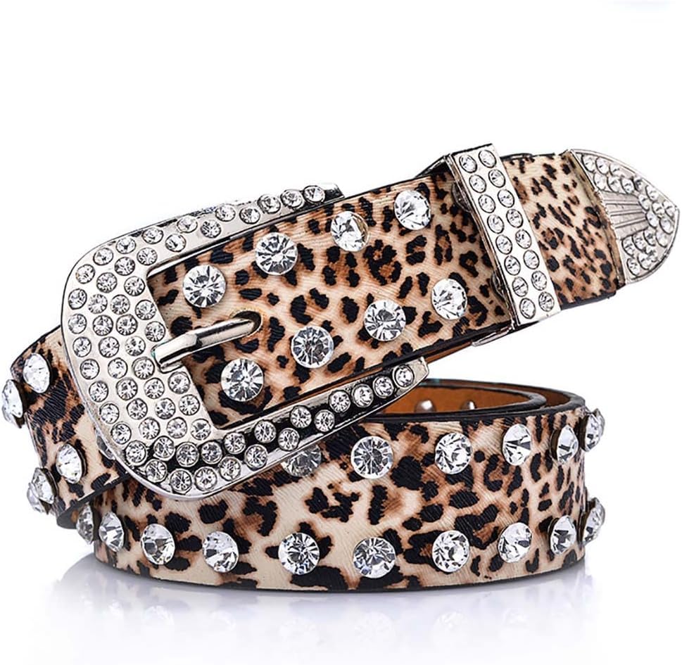 Leopard Rhinestone Belt for Women, Western Cowgirl Bling Crystal Studded Genuine Leather Belt for Jeans Pants - Main Image
