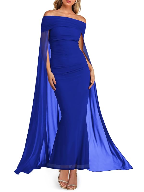 MAYFASEY Sexy Dresses for Women Date Night Long Sleeve Mesh Ruched Bodycon Long Cocktail Party Club Fitted Fashion Dresses with Cape Blue M by MAYFASEY - Used condition - US$28.58
