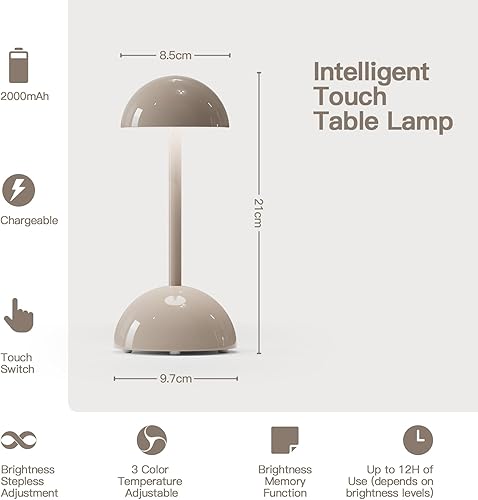 Miniatura 2 de Lámpara de mesa de noche de hongos, recargable, lámpara de mesa de noche con control táctil diammable con cable de carga para el hogar, dormitorios,