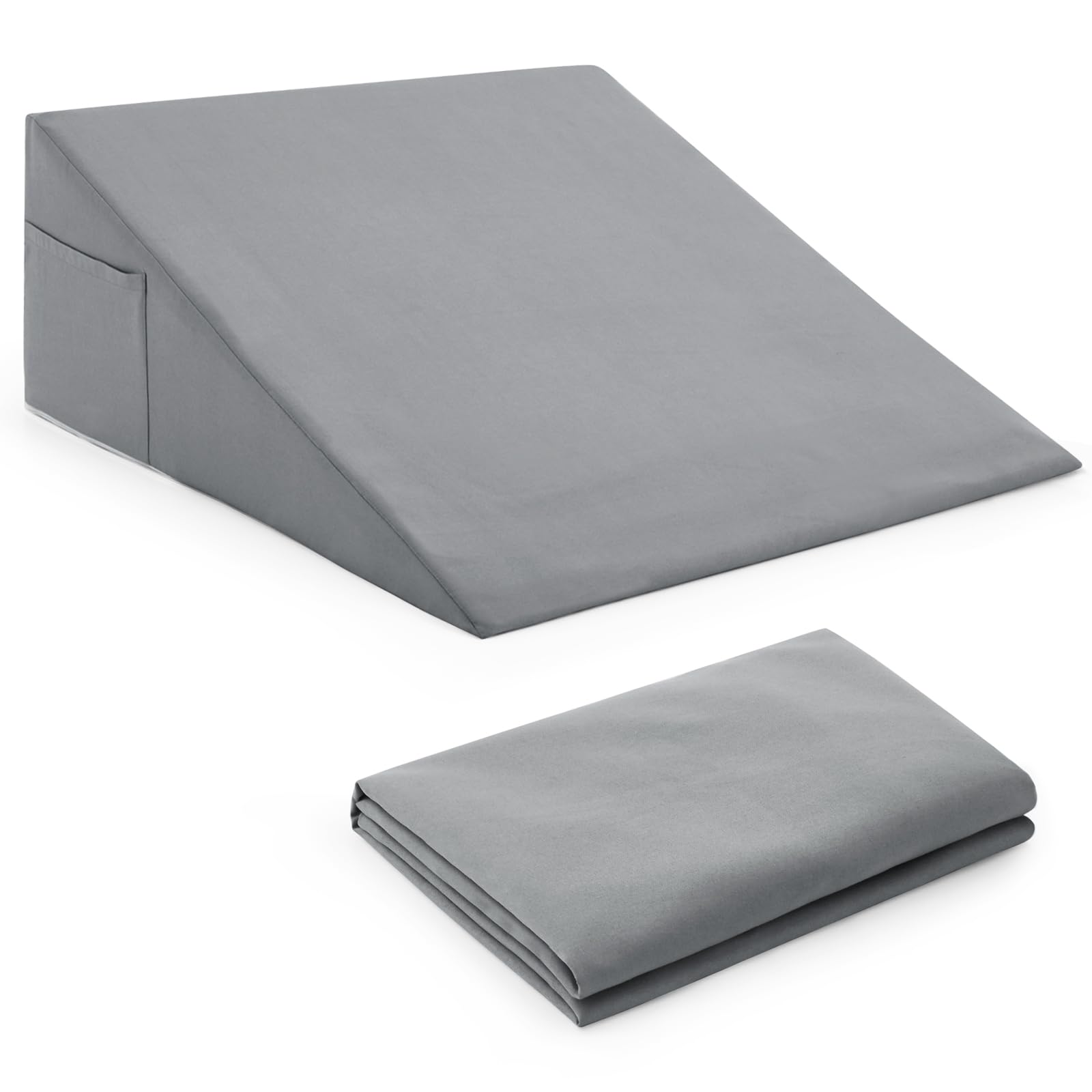 Photo 1 of Horbaunal Silver Grey Bed Wedge Pillow Cover with Zipper Design, Wedge Pillowcase Protector with Side Pocket for Storage, 26" L x 25" W x 10" H(Pillow Not Include)