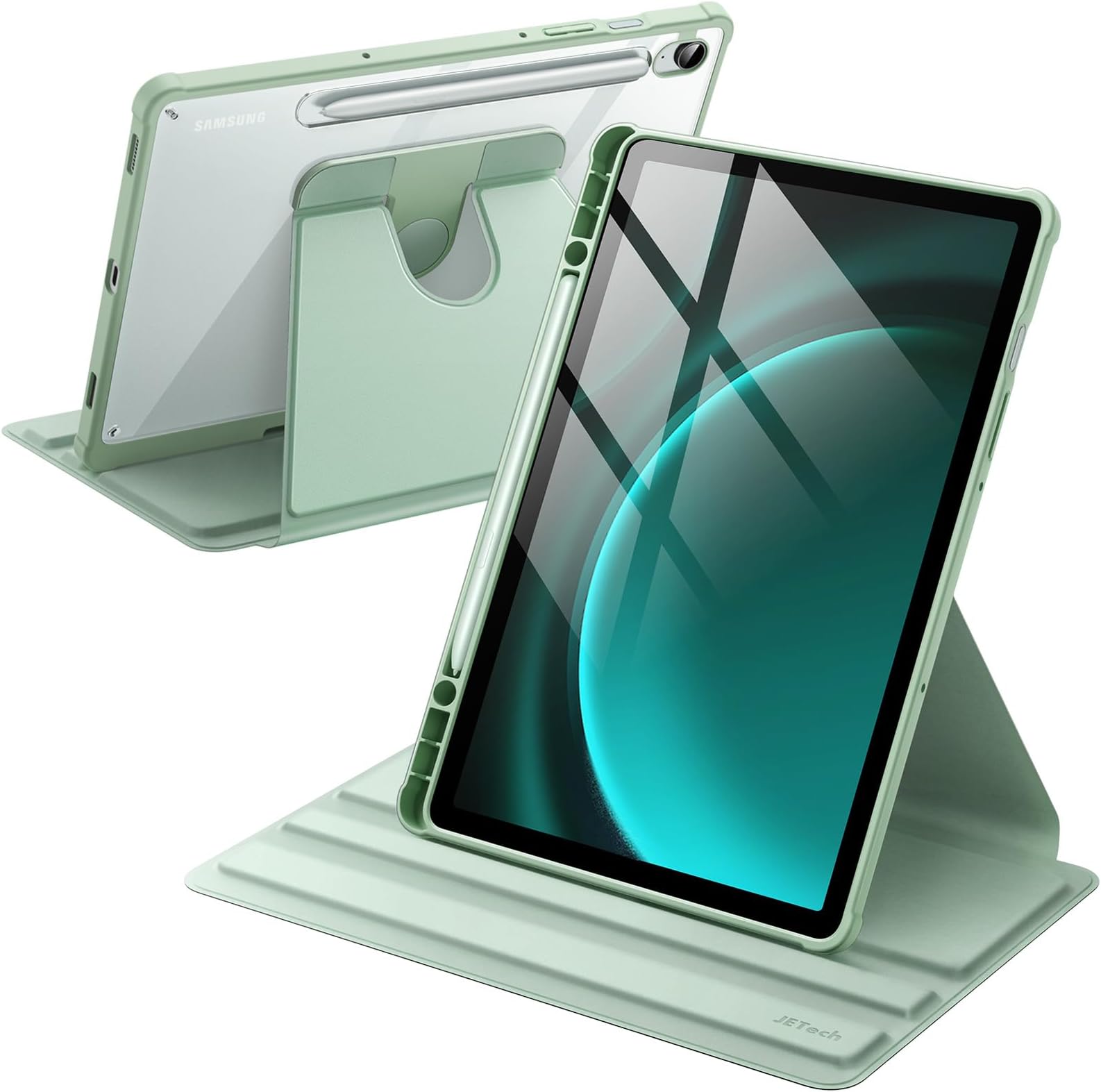 JETech Rotating Case for Samsung Galaxy Tab S10 Lite / S10 FE / S9 FE 10.9-Inch / S9 11-Inch with S Pen Holder, 360 Degree Rotation Protective Stand Cover Clear Back, Auto Wake/Sleep (Mint)