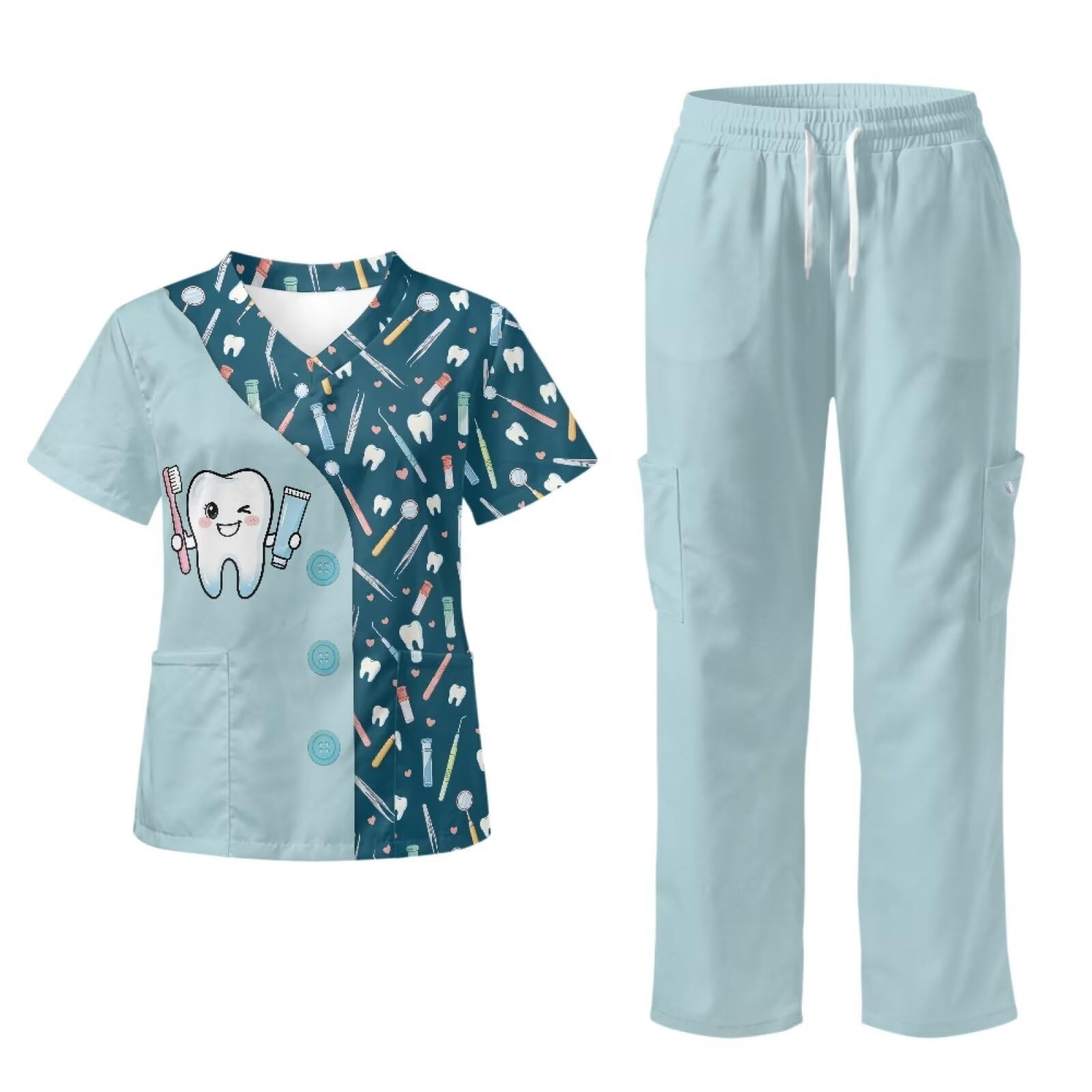 Set di scrub da donna con stampa dentale, comodo scrub infermieristico per donne set per assistenti veterinari, vestibilità rilassata e resistente alle rughe