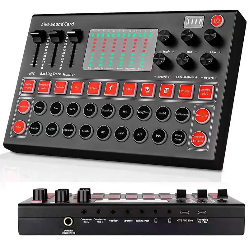 Mezclador de audio Tablero mezclador de sonido, cambiador de voz de tarjeta de sonido en vivo con múltiples efectos de sonido y luz LED