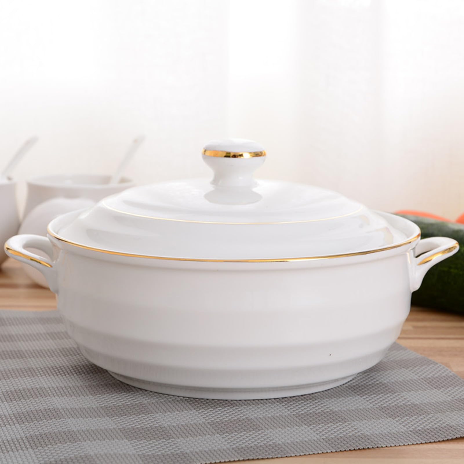 ceramiczny garnek do duszenia, Małe miedziane rondle, waza do zupy, biała porcelana, zestaw z pokrywką i chochlą, okrągły(White)