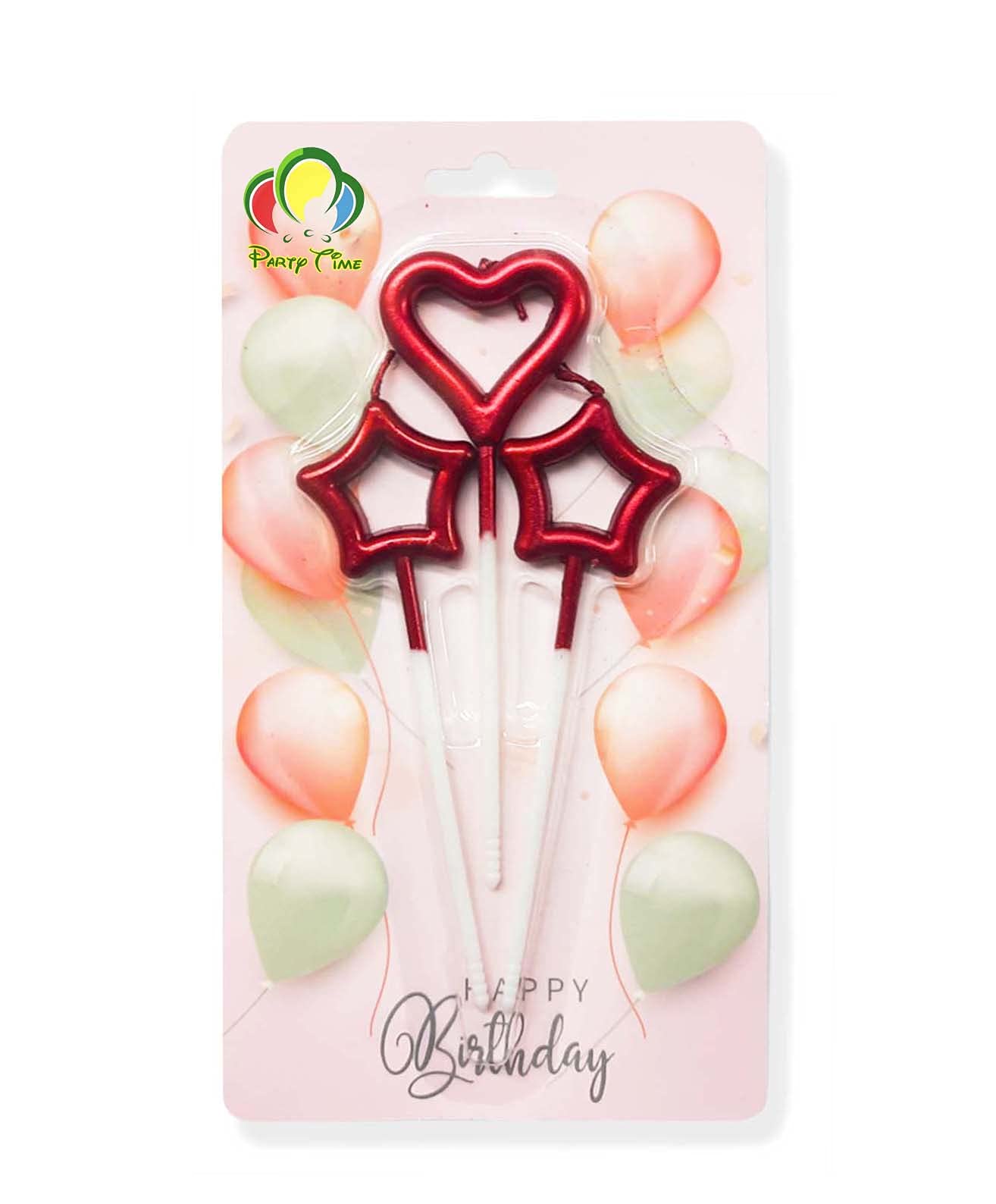 Party Time - 3 Pieces Heart and Star Shape Metallic Red Birthday Cake Candles Tall for Birthday Wedding Baby Shower Party Decoration (4 Inches)