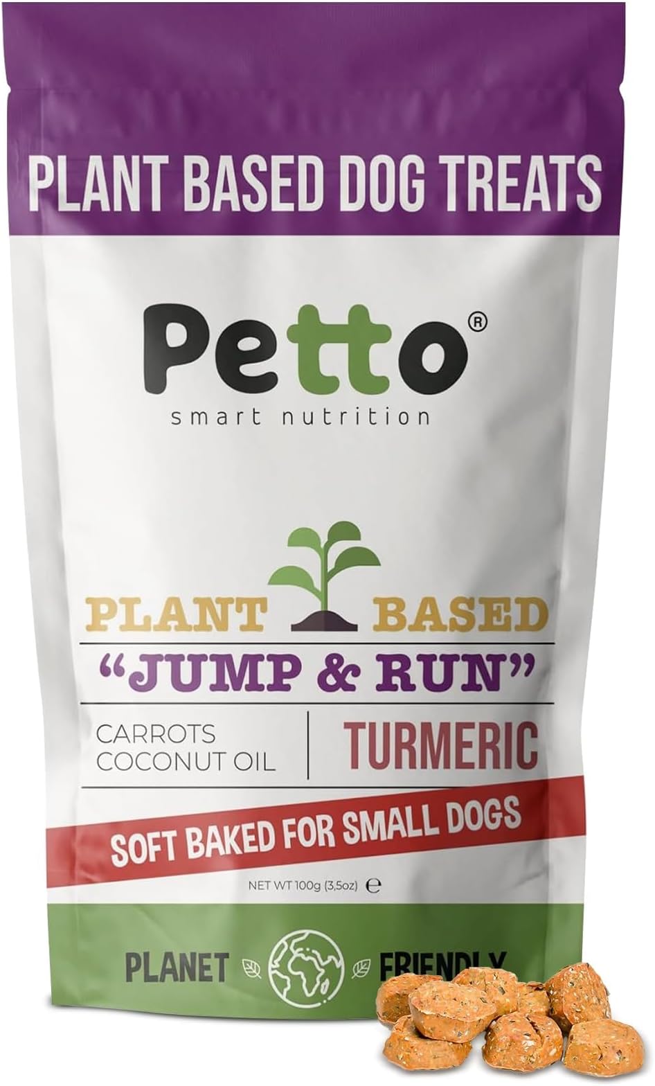 Petto Natural Dog Treats - Hypoallergenic Small Dog and Puppy Treats, Soft Baked, Plant-Based Biscuits High in Protein with Turmeric, Carrot and Coconut Oil, Jump and Run,100g pack