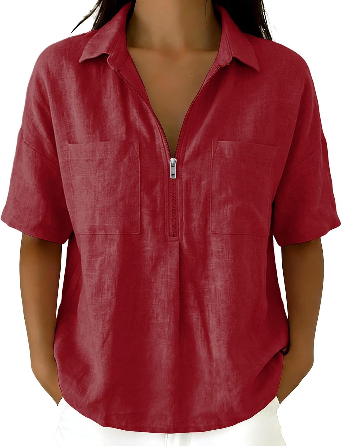 Womens Short Sleeve Zipper Top Collared Loose Fit Shirts with Pockets Casual Summer Dressy Work Office Tops