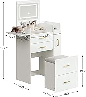 Vista 9 de Herture Pequeño tocador de tocador, juego de tocador compacto con toma de corriente, tocador de maquillaje 3 en 1 con luces con 3 modos