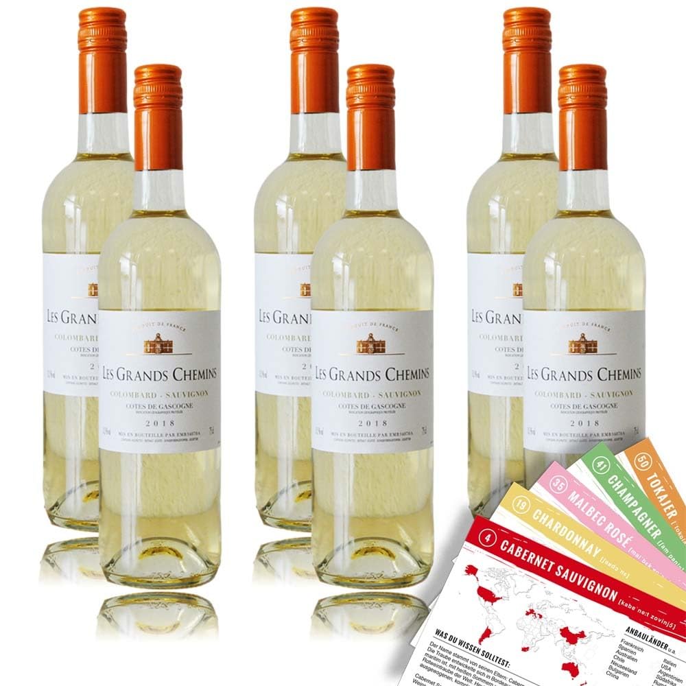 Les Grands Chemins Colombard Sauvignon, trocken, sortenreines Weinpaket + VINOX Winecards (6x0,75l)
