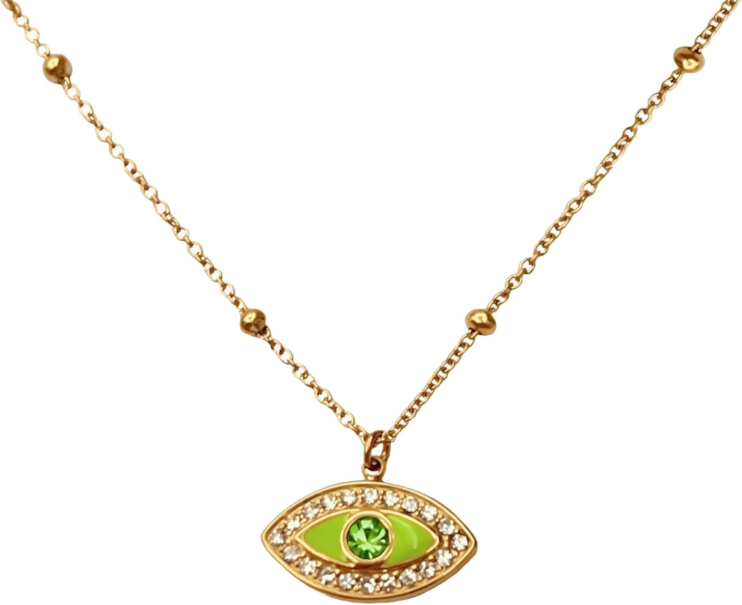 Fashion Evil's Eye Natural Stone Bamboo Beads Necklace Green Zircon Love Lock Pendant INS Stainless Steel Plated 18K Gold Layered Chain