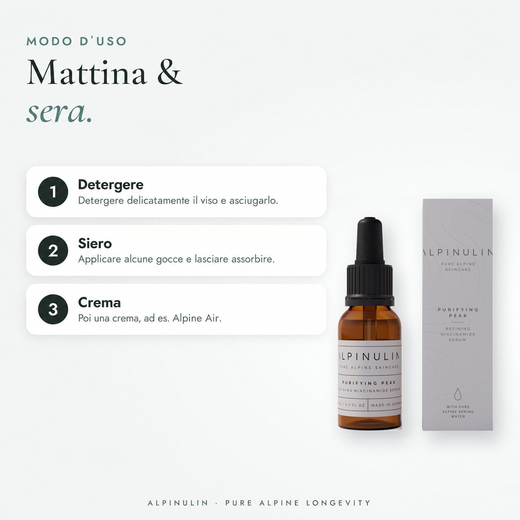 ALPINULIN Purifying Peak Niacinamide siero 20 ml vegano – siero per la cura della pelle impura con niacinamide, acido ialuronico, zinco PCA, estratto di rosa alpina ed estratto di stella alpina