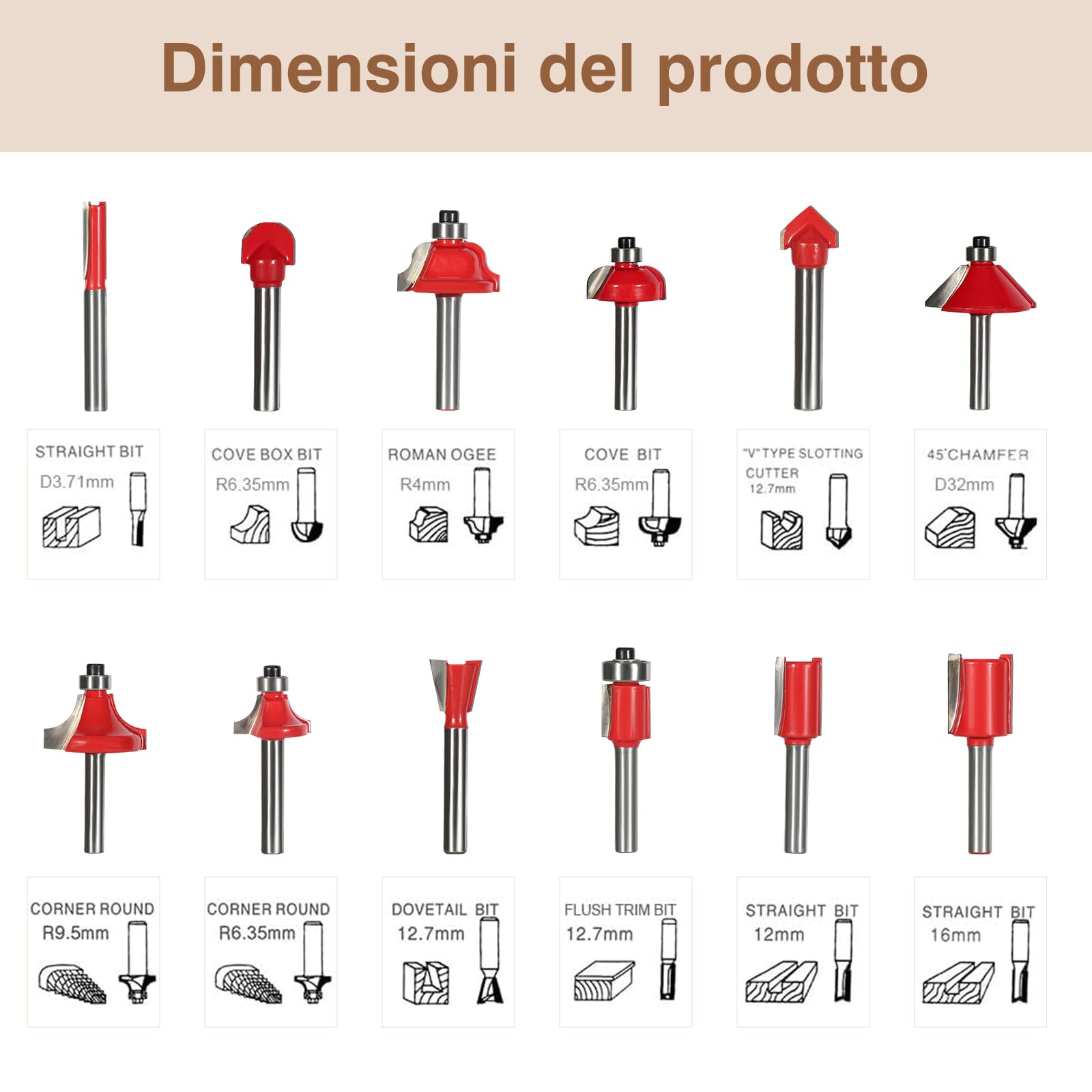 Set di 12 Frese in Carburo di Tungsteno per Fresatrice Verticale - Gambo da 6 mm | Cassetta in Legno per Punte da Fresa | Accessori Professionali per Lavorare Legno, MDF e Plastiche