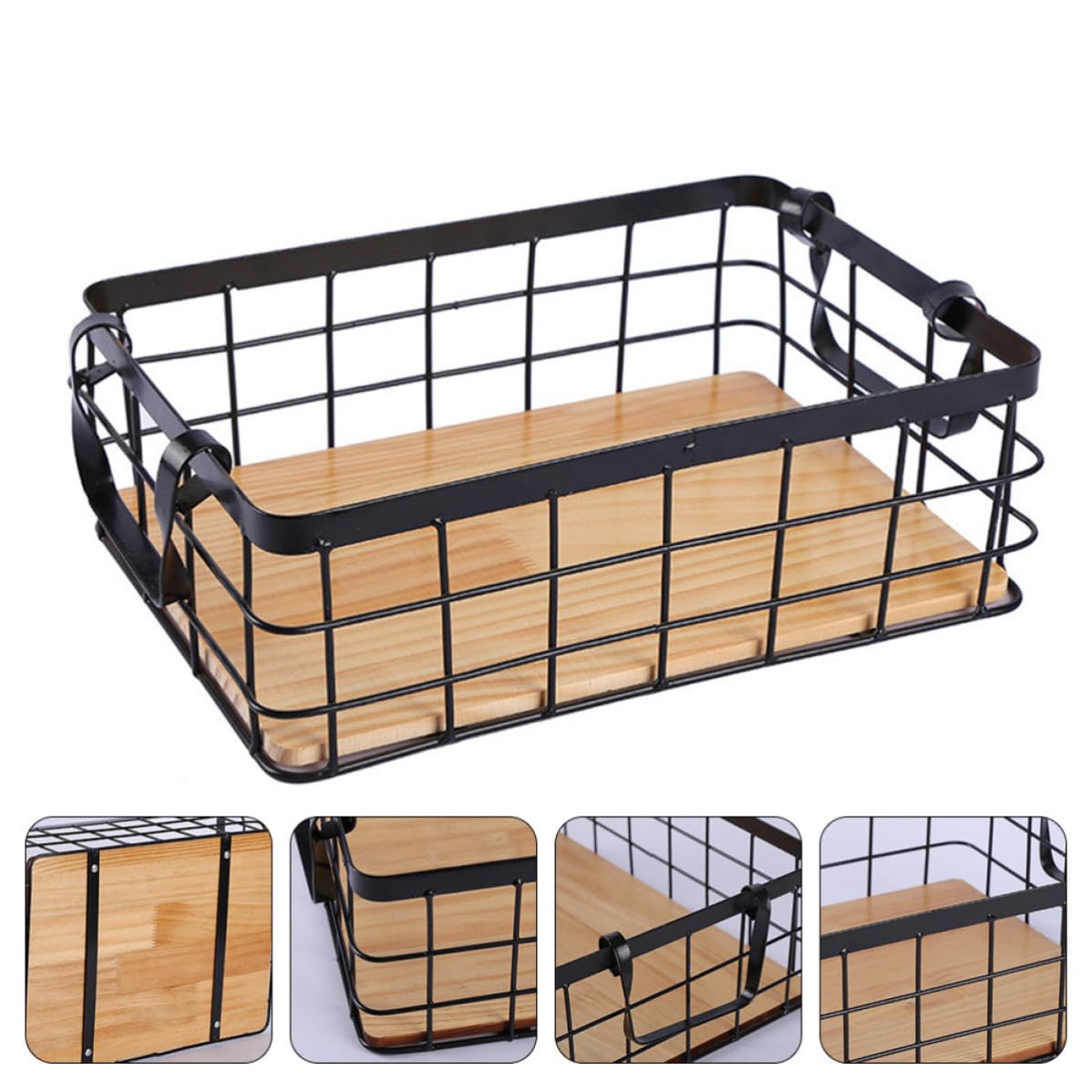 Operitacx Cesta de Hierro y Madera de Almacenamiento Rectangular Diseño Simple para Organizar Frutas y Snacks Color Negro en Cocina o Escritorio