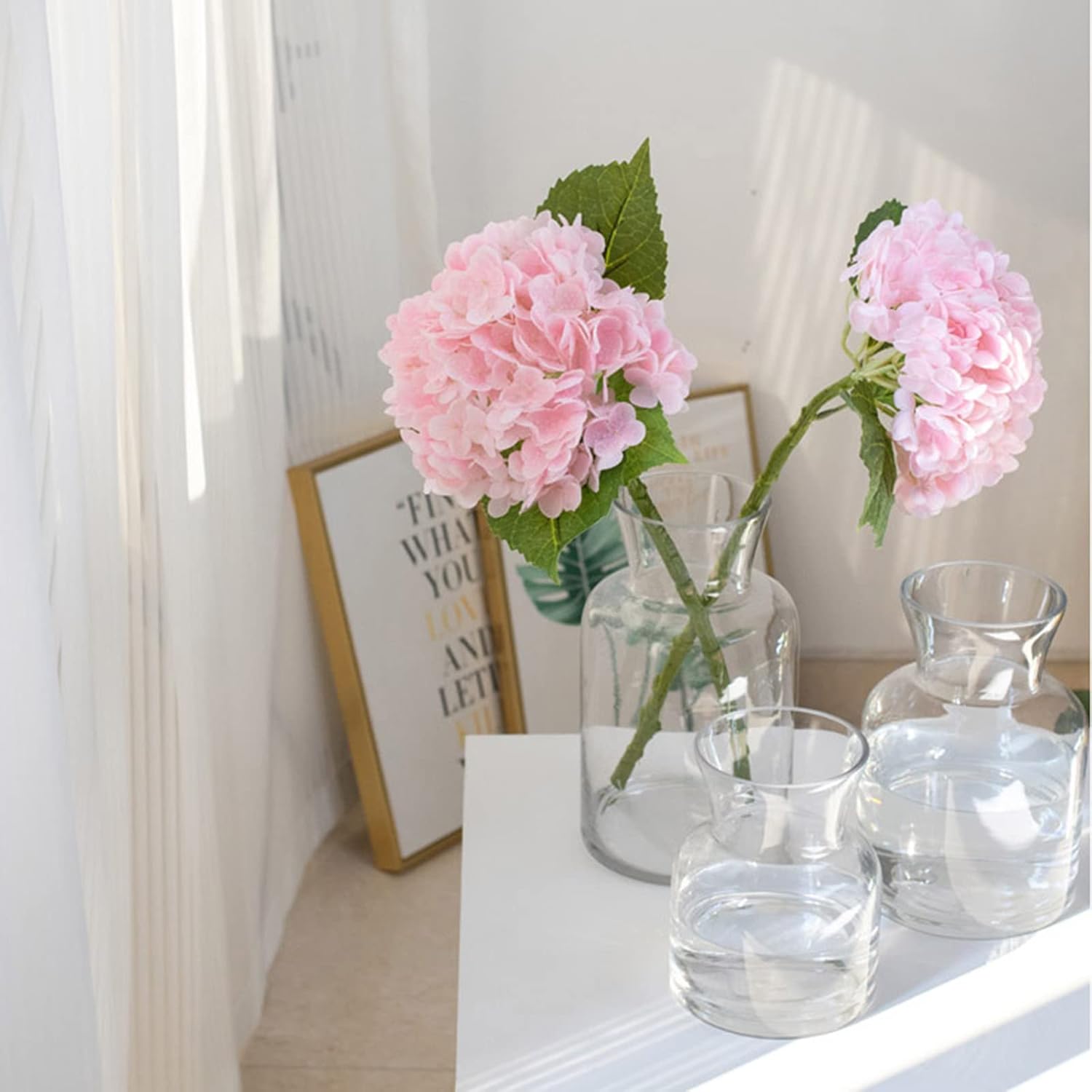 YalzoneMet 3 Pcs Real Touch Pink Hydrangea Artificial Flowers 21 inch Large Lifelike Light Latex Faux Hydrangea, Fake Flowers for Home Decoration Bridal Bouquet Wedding Decor