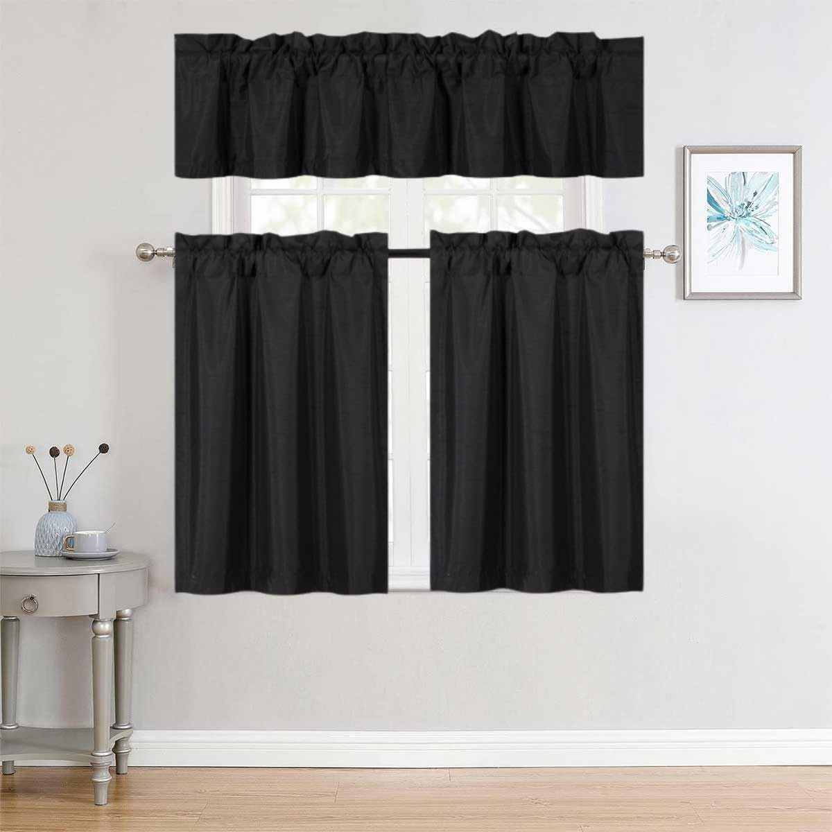 New Versatil 3pc Set Solid Rod Pocket Small Window Panel Dressing Foam Lined Blackout Curtain Treatment Drape (K3) (Black)