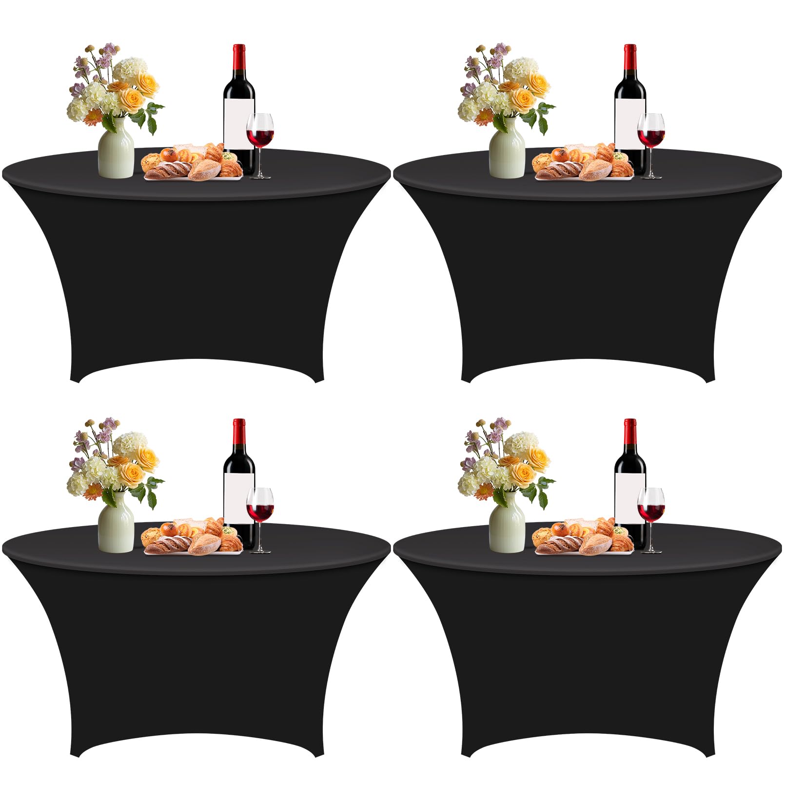 Incisite 4 Pack Round Spandex Tablecloth, 5 FT Black Fitted Stretch Table Cover, 152cm Stretchable Table Cloth, Washable and Wrinkle Resistant Tablecloth for Wedding Birthday Party Dining Banquet