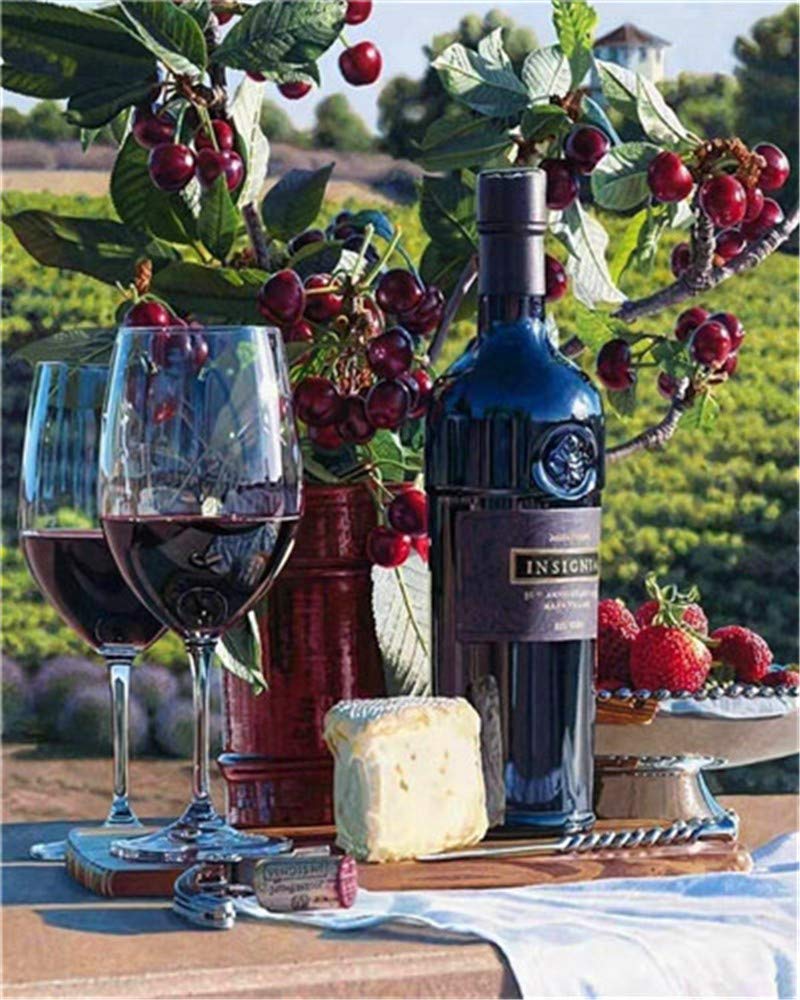 Paint by Numbers Kits DIY Oil Painting Home Decor Wall Value Gift - Red Wine and Fruit 16X20 Inch (Frame)