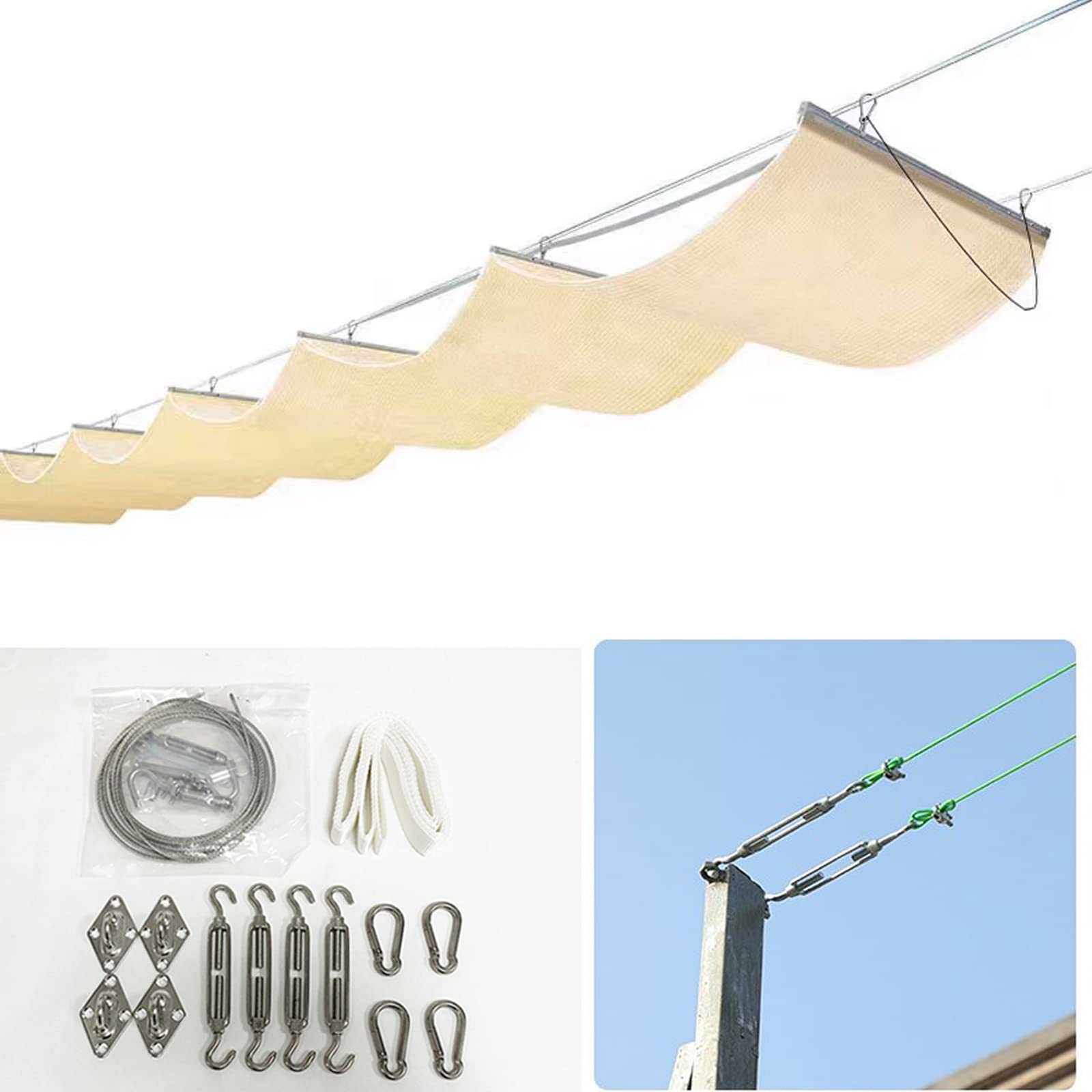 Oddychający żagiel przeciwsłoneczny, chowany baldachim fali, 98% ochrony przed promieniowaniem UV, 185 g/m², HDPE, do ogrodu, na patio, basen, beżowy, ze sprzętem instalacyjnym (1,5 x 9 m)