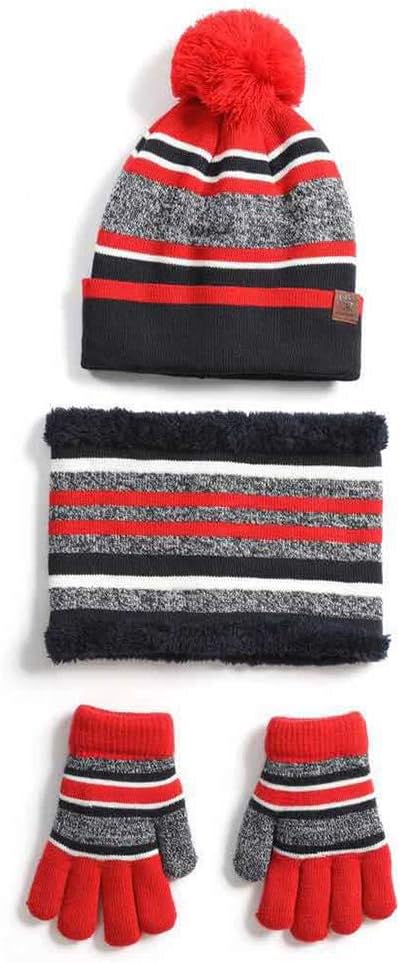 Scarf,Winter Beanie Hat Scarf Gloves Set for Kids Boys Girls Striped Skullcap Mittens Neck Warmer with Warm Fleece Scarf(Big Red)