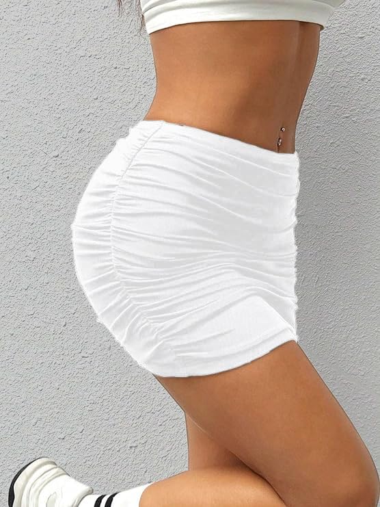 Image of Jawdrobe Women's Stretch High Waist Ruched Bodycon Double Layer Casual Mini Skirt - Slim Fit, Party, Club Wear, Adjustable Length, Elastic Waist