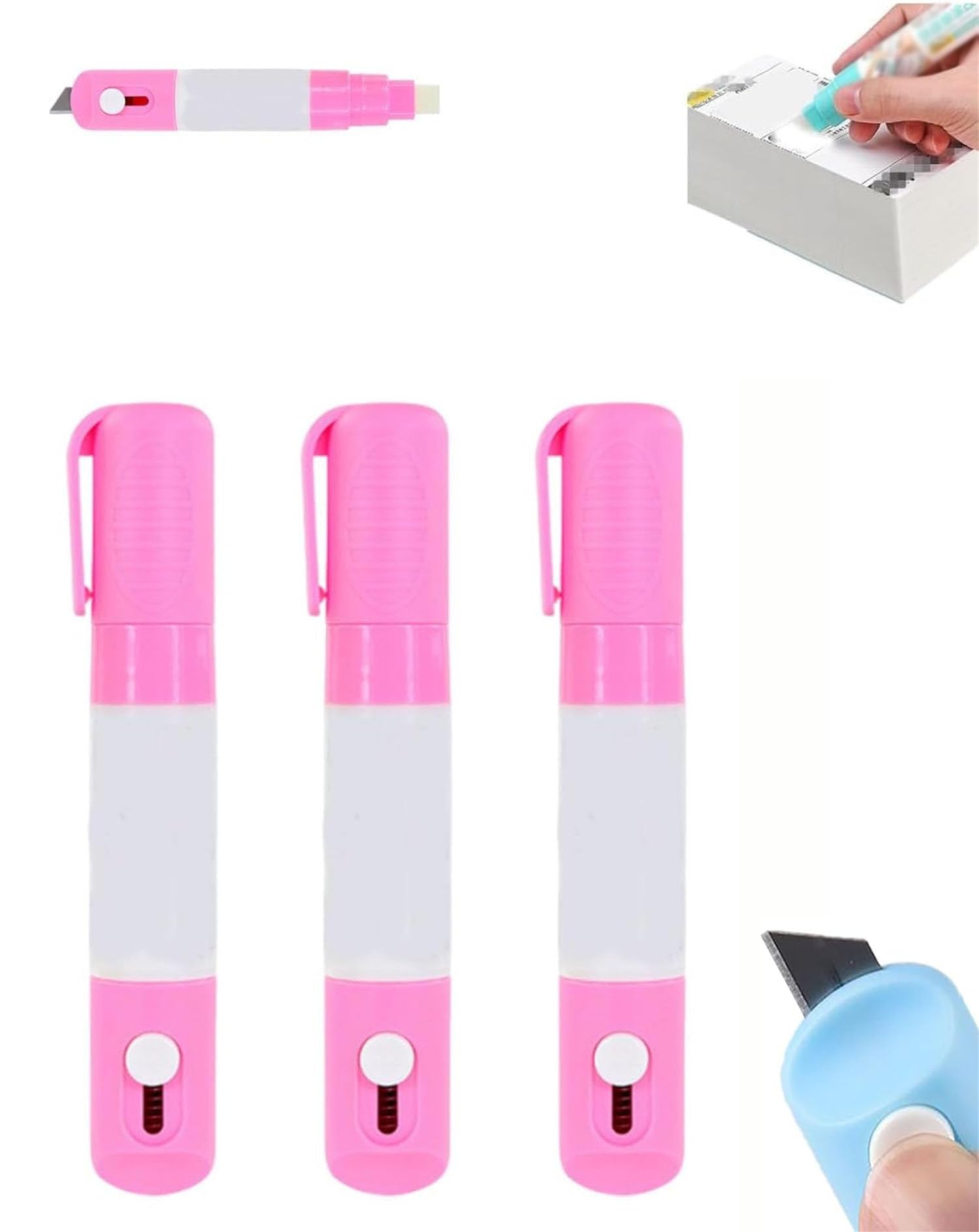 Figskey 2 in 1 Privacy Wipe Box Cutter,Thermal Ink Remover,Water-Based Thermal Paper Eraser Pen,Text Covering for Documents,Labels,Packages,Shipping Addresses (Pink-3 Pcs)