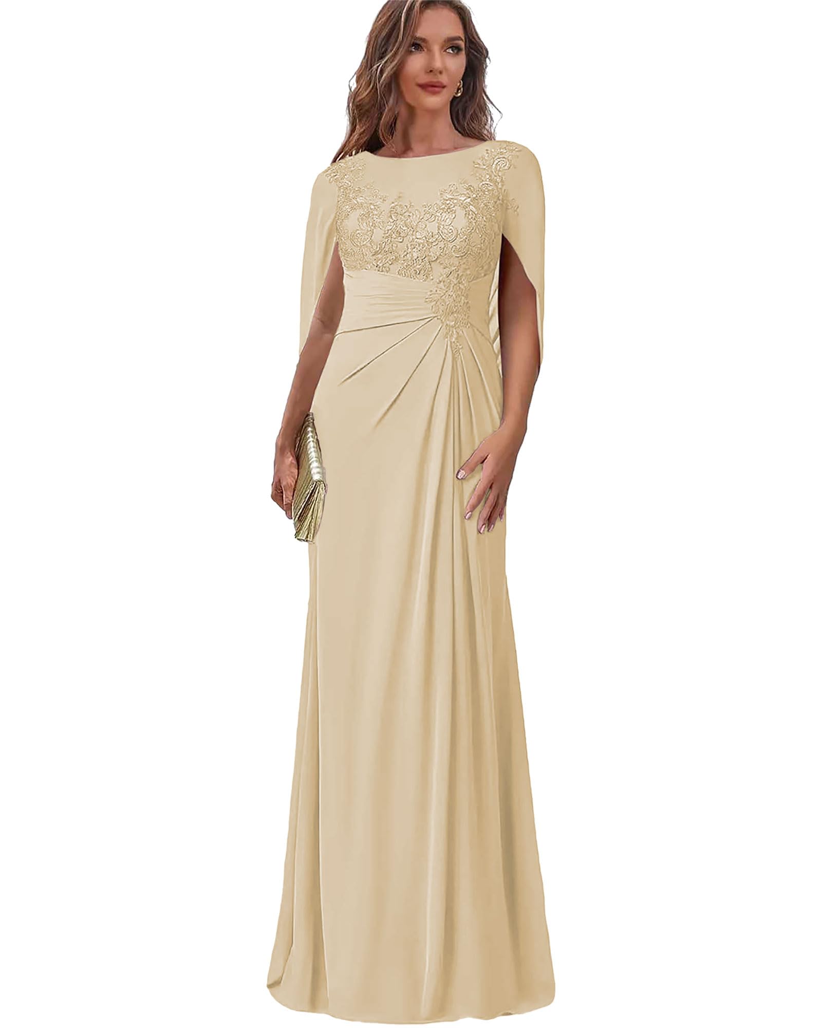 Damen Brautmutterkleid Rundhals Lang - Spitzen Abendkleid für Hochzeit Chiffon Maxi Hochzeitsgastkleider