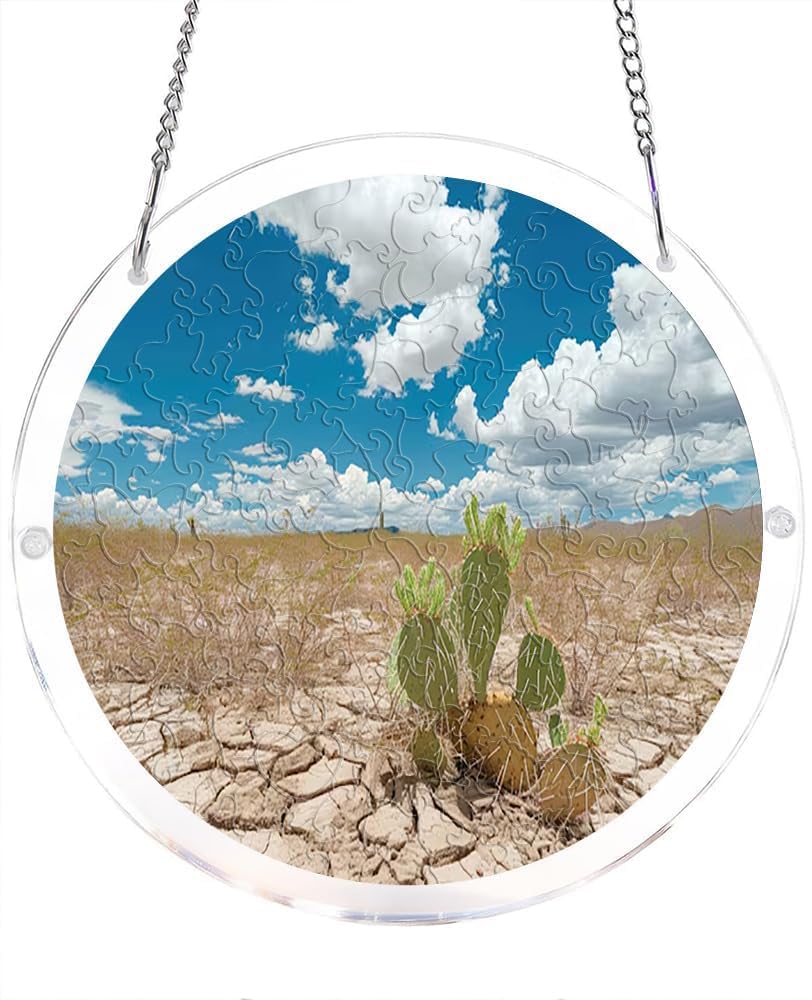 Desert Landscape with Cactus and Blue Sky Clouds Acrylic Jigsaw Puzzles Suncatcher, 8.9 Inch Window Hanging Suncatcher Acrylic Puzzle, DIY Home Decor Art Gift
