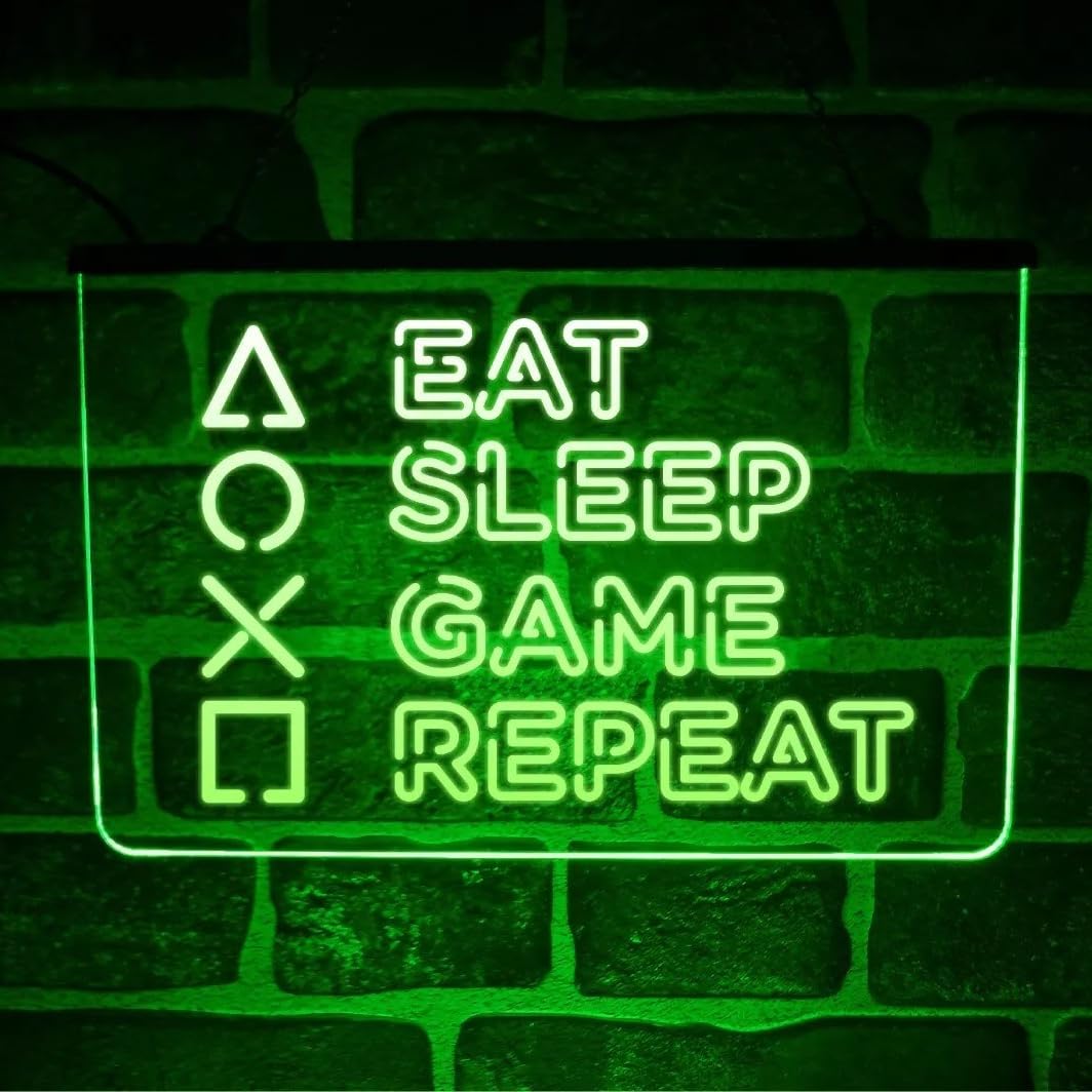 Eat Sleep Games Room Neon Sign - Multicolour Hanging Light Up Wall Plaque for Gaming & Man Cave Decor | USB powered (Multi-colour)