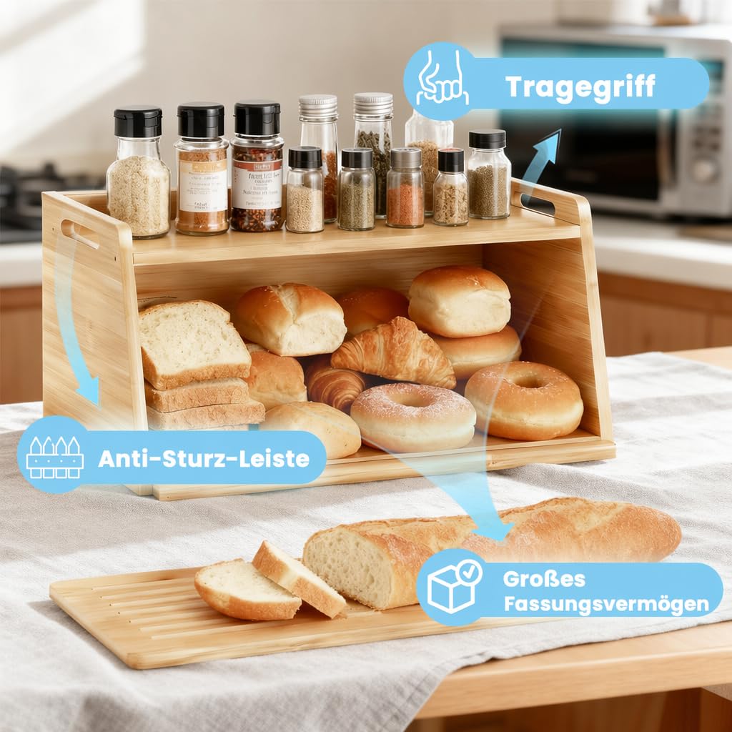 LEMIKKLE Panera de bambú con tabla de cortar, caja de almacenamiento de pan para mantener la comida fresca, adecuada para la cocina, se puede utilizar para almacenar pan, frutas, productos horneados