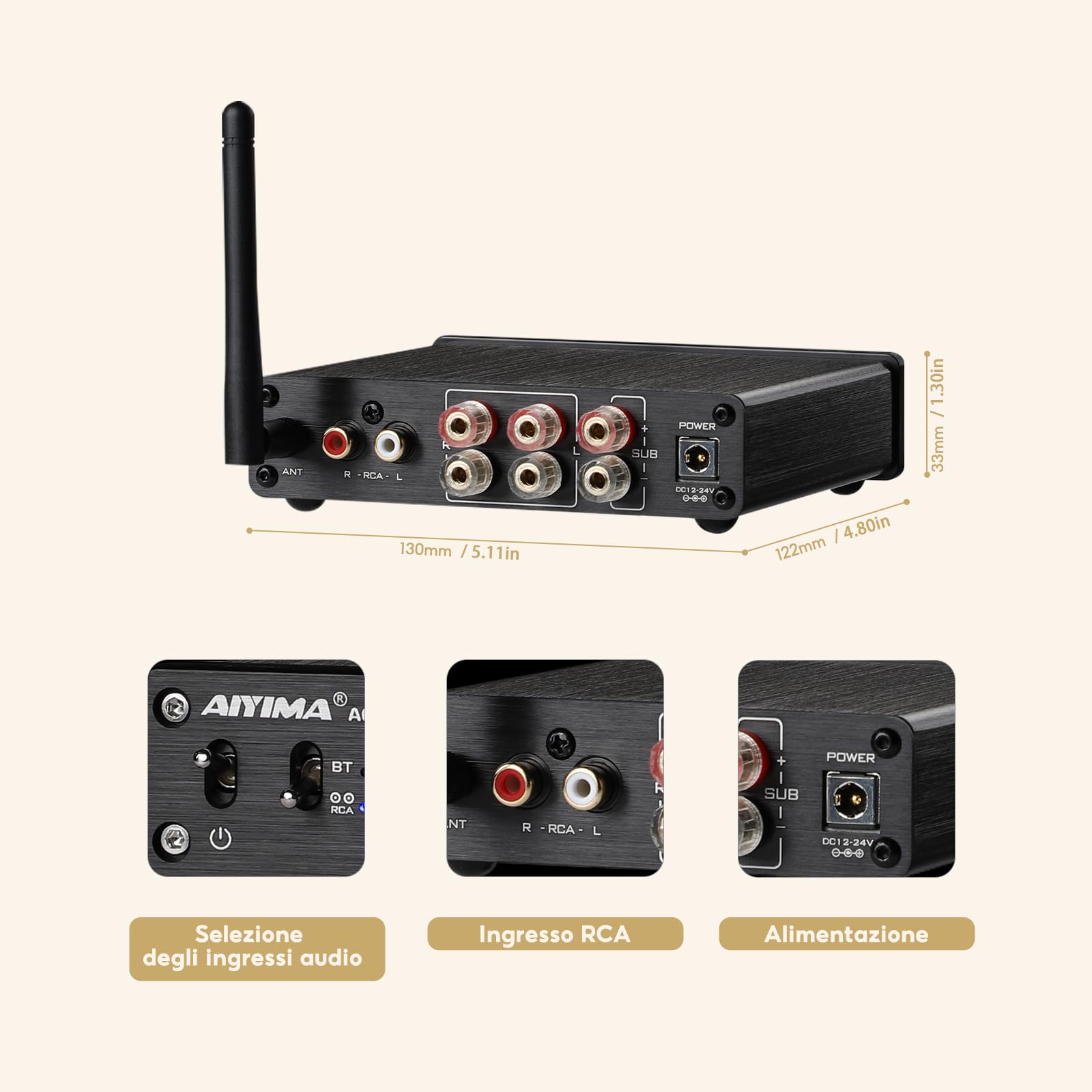 AIYIMA A03 Bluetooth 5.2 TPA3116 2.1 Canali HiFi amplificatore di potenza | 50W x2+100W Classe D Desktop Subwoofer Amp,aptX Ricevitore audio,swap Op-Amp,Bas&Treble di controllo,ingresso RCA,SUB uscita