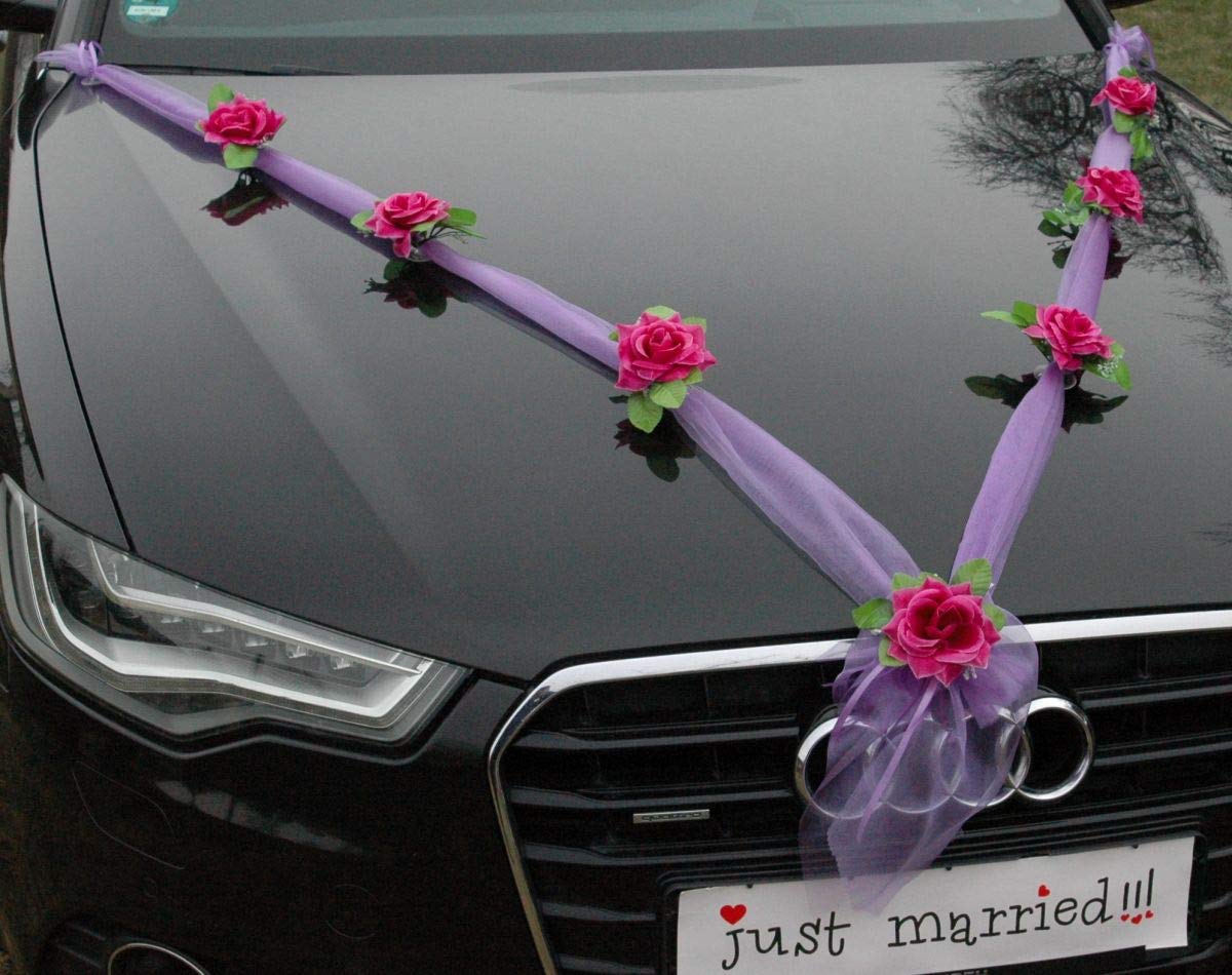 Autoschmuck Organza M Auto Schmuck Braut Paar Rose Deko Dekoration Hochzeit Car Auto Wedding Deko (Violett/Violett) - Image 4