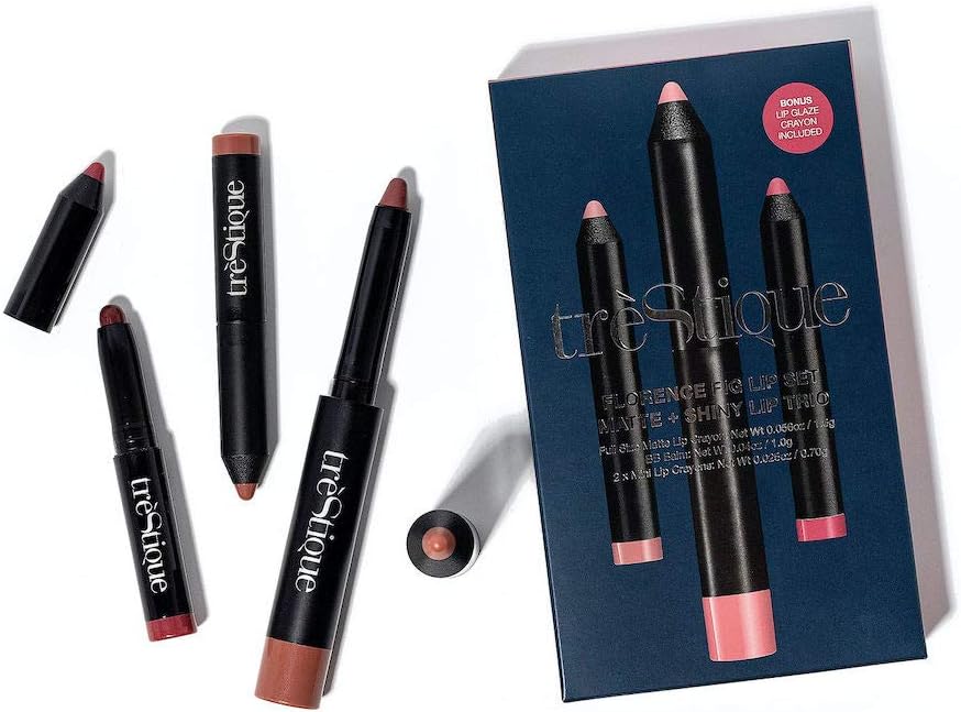 treStiQue Florence Fig Lip Set Trio, Matte & Shiny Lip Kit, Mini Lip Gloss Set With Matte Lipstick, Matte Lip Crayon and Lip Glaze Set, Full Size and Mini Lip Set of 3