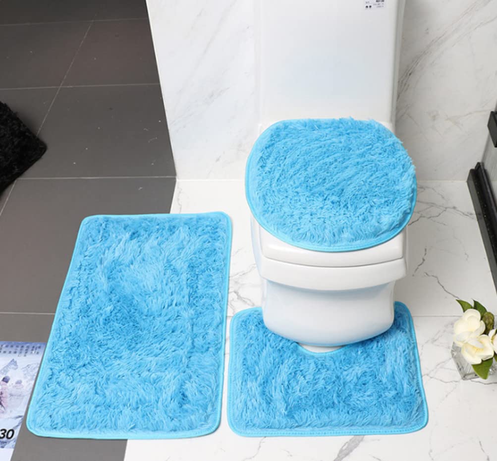Bath Mat 3 Piece Sets Bathroom Light blue Rug Non Slip Bath Mat U contour Rug Toilet Seat Cover blue