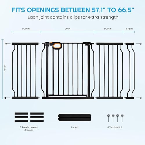 Miniatura 3 de owlie Puerta de escalera para bebé, de 57 a 66 pulgadas, puerta de seguridad extra ancha para mascotas, puertas ajustables para perros, puertas