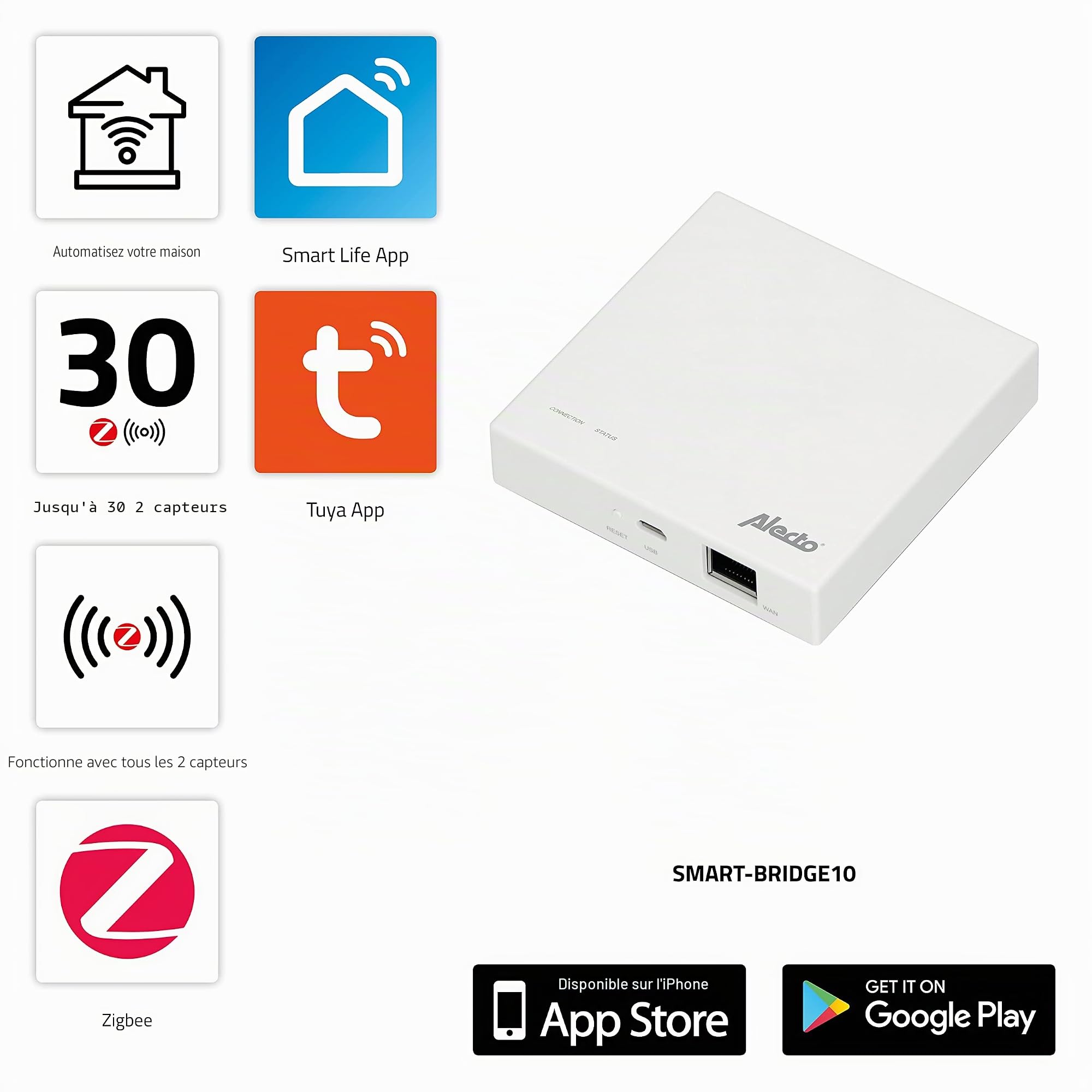 Alecto SMART-BRIDGE10 Passerelle Zigbee - hub domotique pour Maison Intelligente, Compatible capteurs Zigbee, contrôle Via appli Smart Life iOS/Android, Connexion sans Fil sécurisée