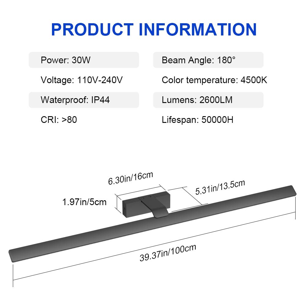 Klighten Luz Espejo Baño Led 100cm, 30W 2600 Lumen, Impermeable IP44 Lampara Espejo Baño, Aplique Espejo Baño Moderno, Blanco Natural 4500K, Nero