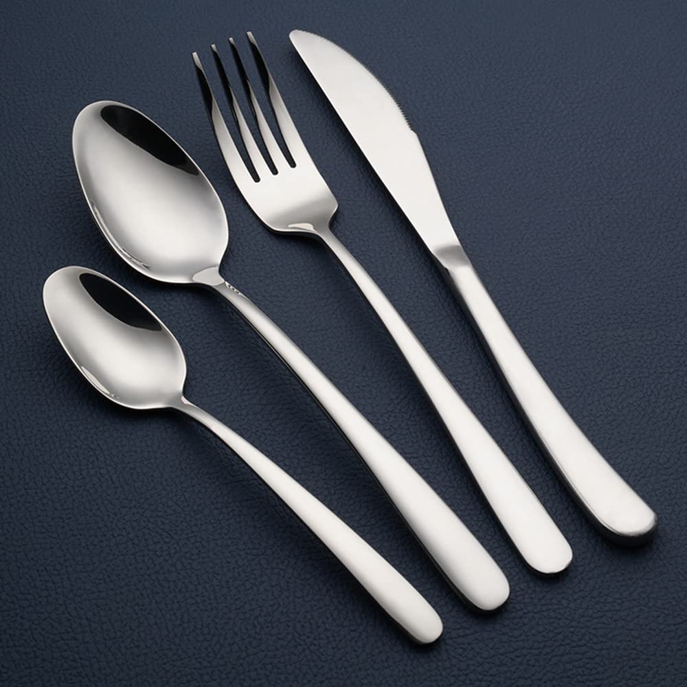 Juegos de cubiertos para 6, juegos de cubiertos de acero inoxidable, juego de 24 cucharas y tenedores para el hogar y la cocina, acabado espejo, apto para lavavajillas (24 piezas) (plata 48 piezas)