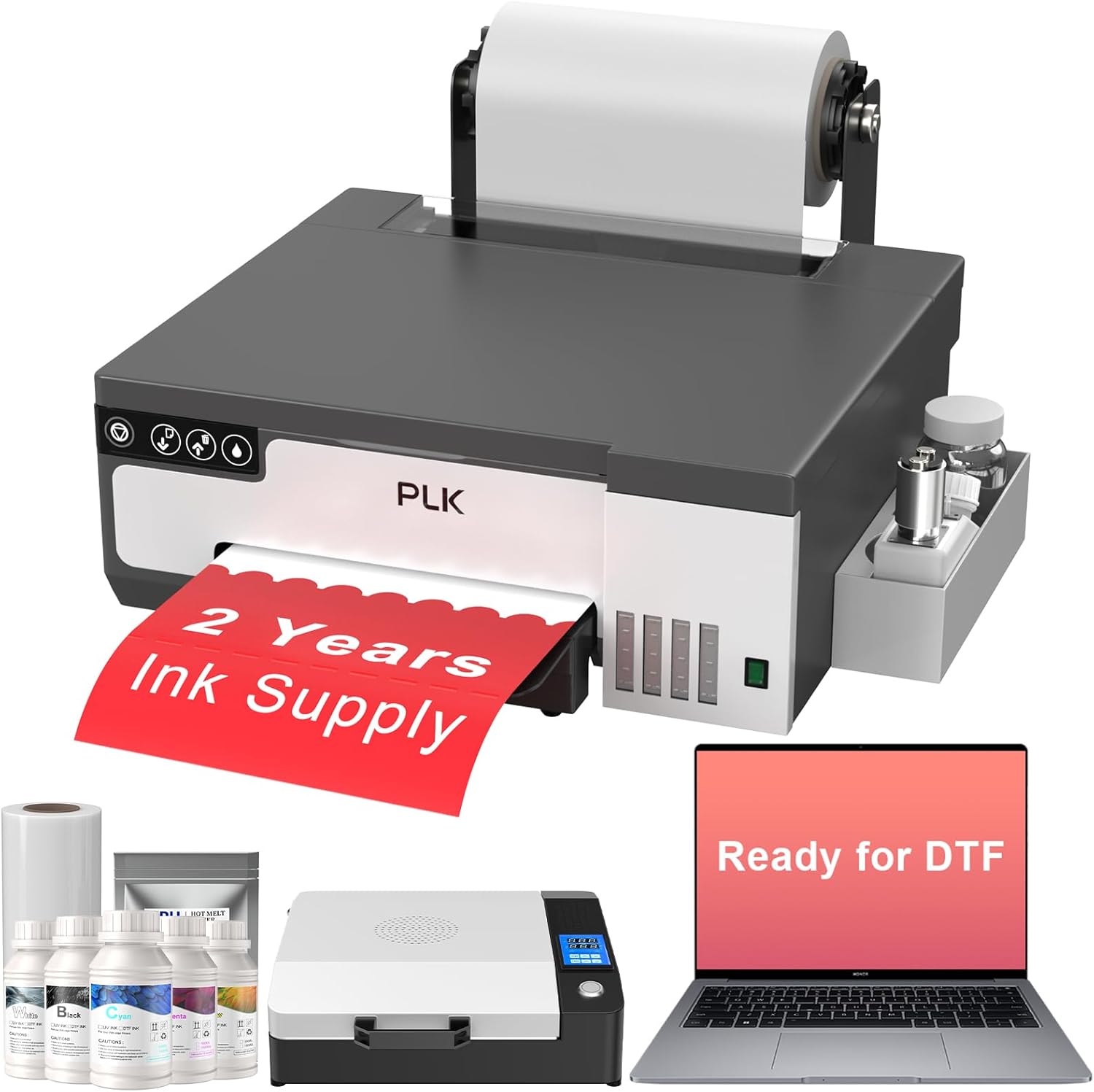 PLK A4 DTF Printer with XP600 Printhead & Roll Feeder, L8058 DTF Transfer Machine with White Stirring System,100% Transfer Rate for DIY Printing(Printer+Oven+Laptop+Consumables)
