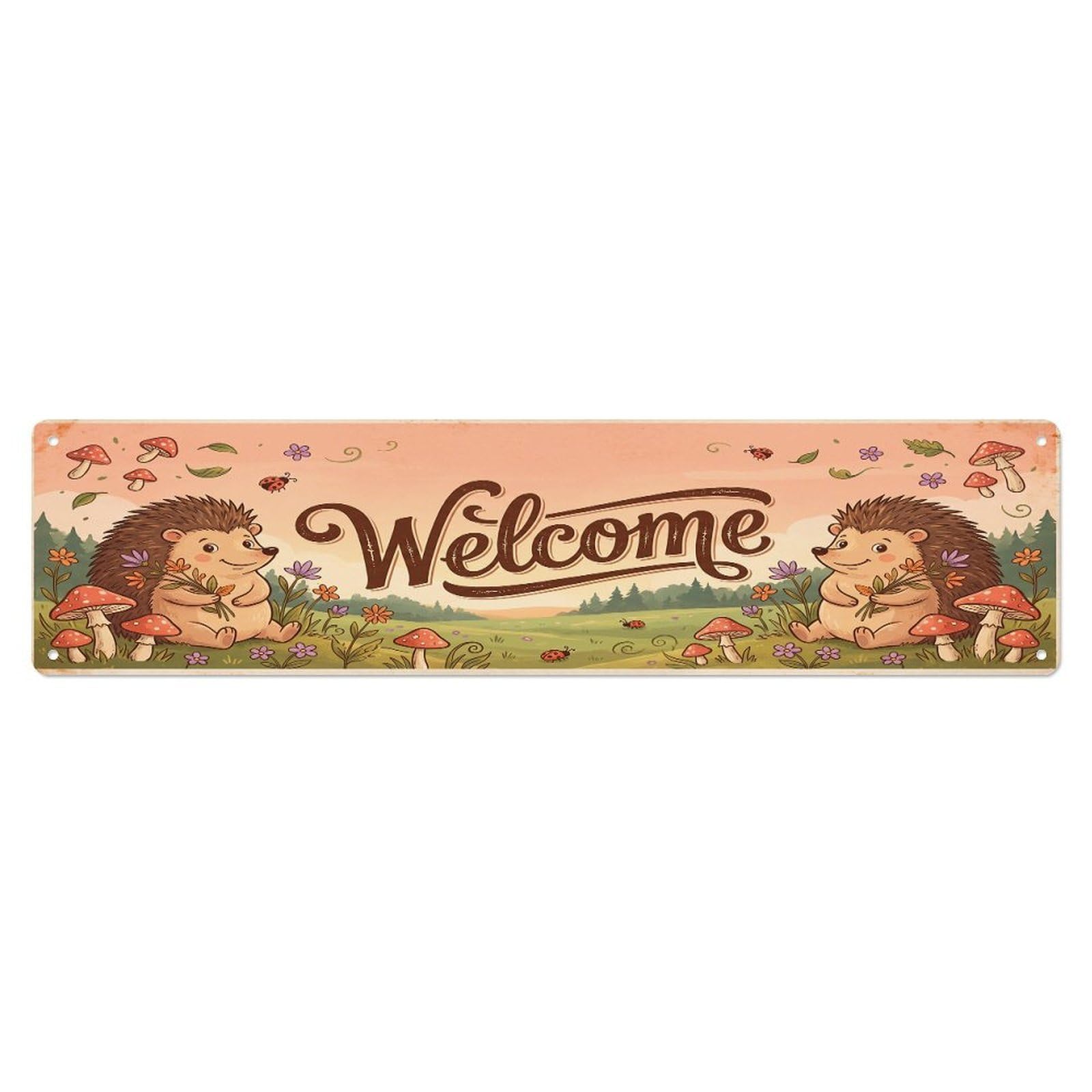 Vintage Welcome Hedgehog Mushroom Metal Tin Sign