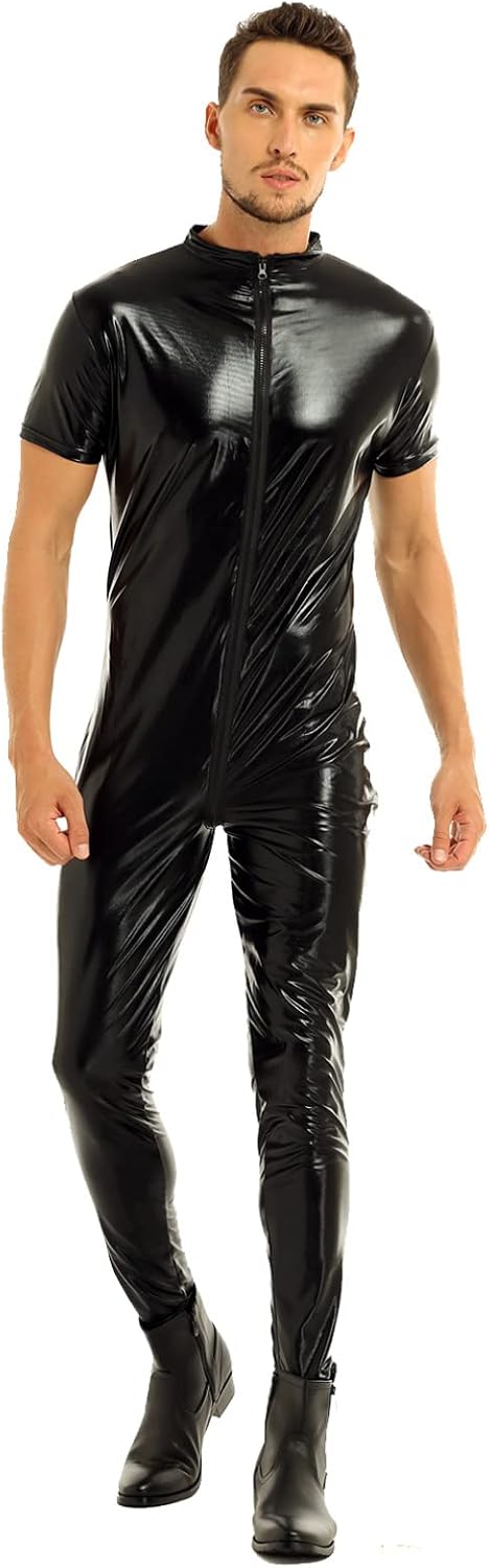Agoky Men's Wet Look Faux Leather Short Sleeve Zipper Front Full Body Bodysuit Leotard Costumes