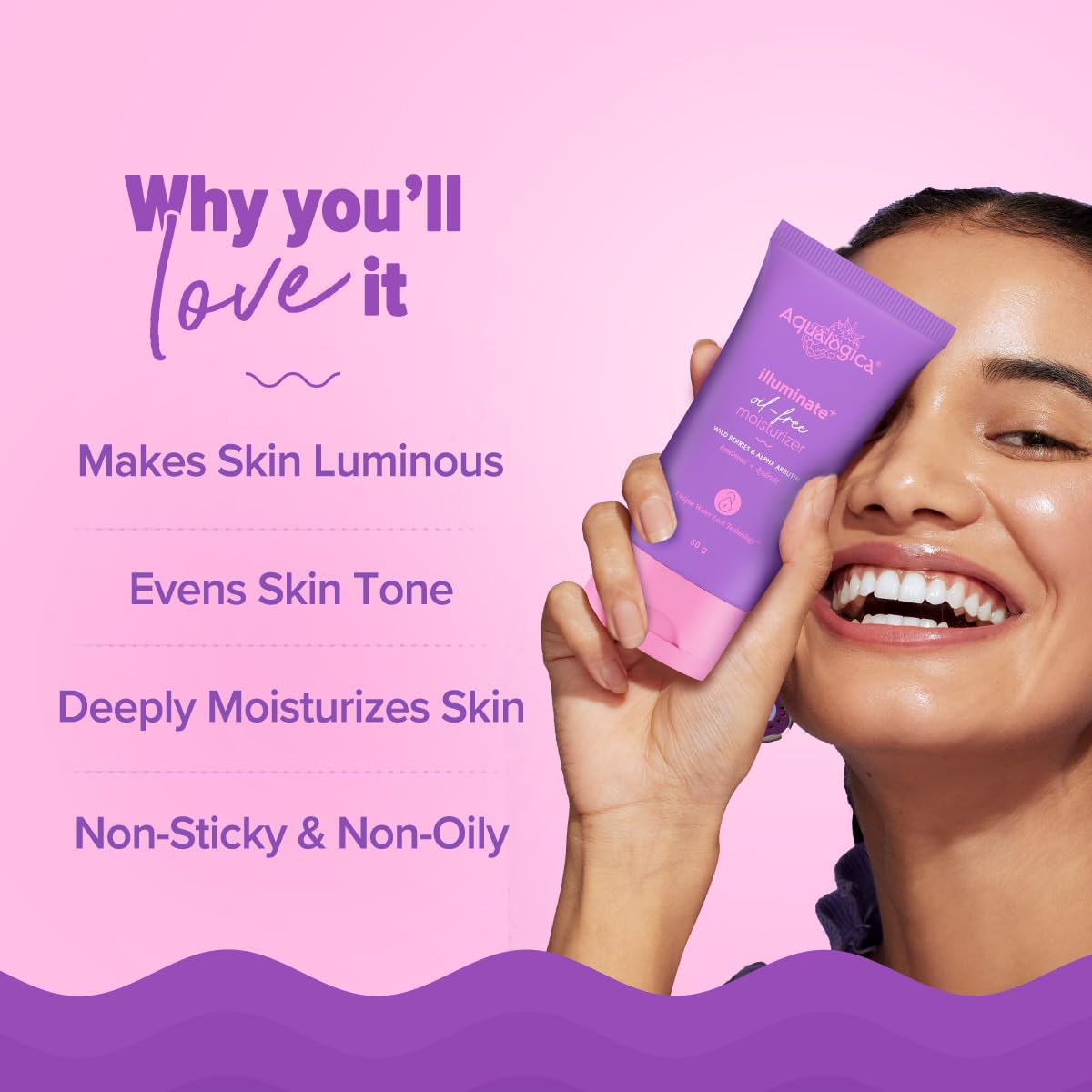 Aqualogica Illuminate+ Oil-Free Moisturizer with Wild Berries & Alpha Arbutin - 50 g | Makes Skin Radiant & Luminous | Evens Skin Tone | Deeply Moisturizes | Lightweight, Non-sticky & Non-oily | All Skin Types | For Men & Women 1