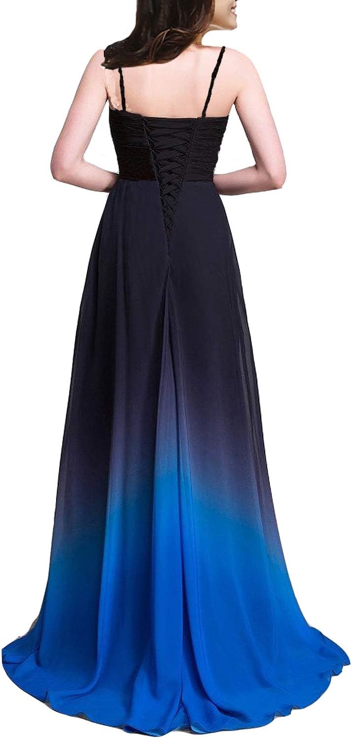 Lemai Women Formal Beaded Gradient Black Ombre Chiffon Long Prom Evening Dresses