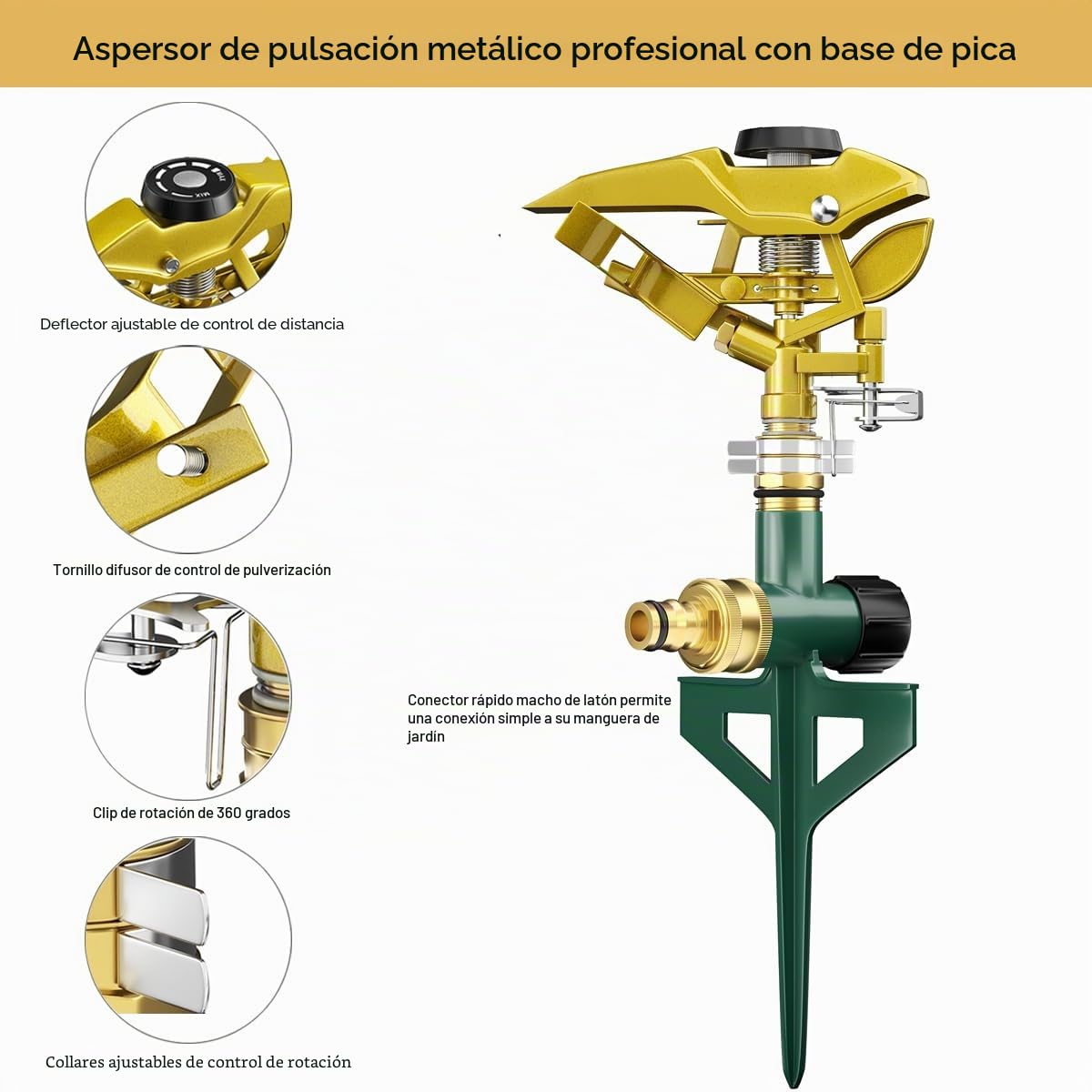 FANHAO Aspersor de Impacto con Base de Espiga Metálica, Sistema de Riego Impulsos, Que alcanza hasta 540 m², Ajustable y de Amplia Cobertura de 360 Grados