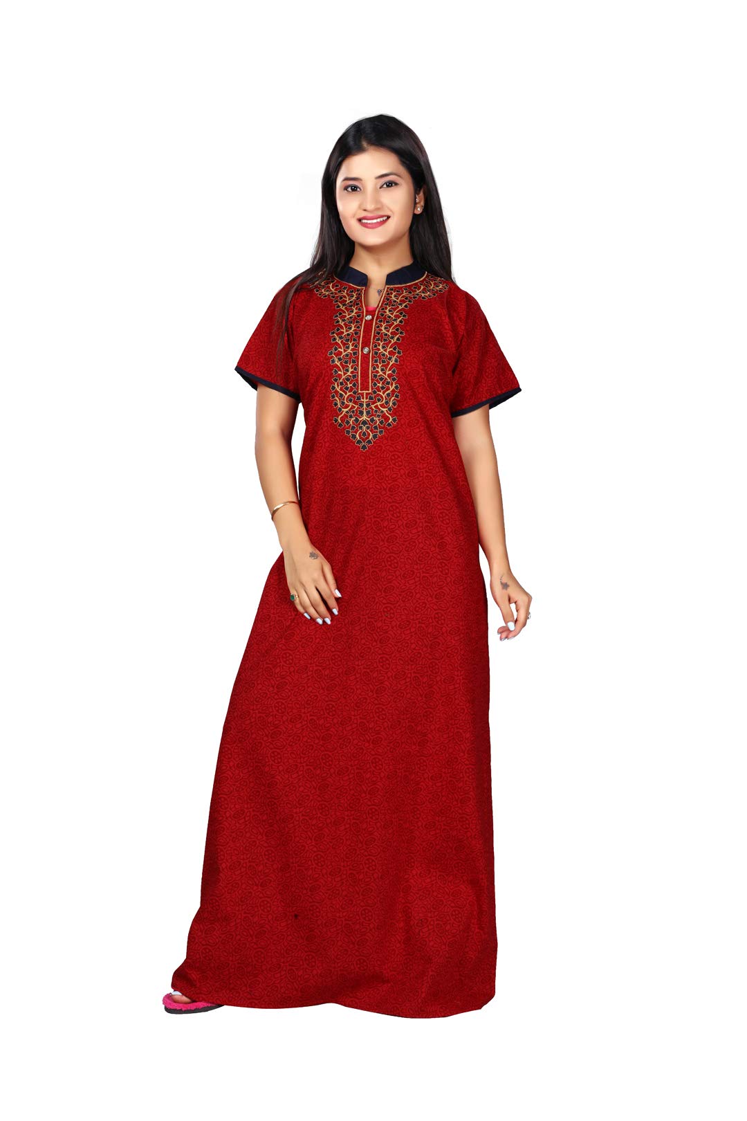 BAILEY SELLS Women's Cotton Embroidered Maxi Night Gown/Nightdress (Bailey1399_Red_Free Size)